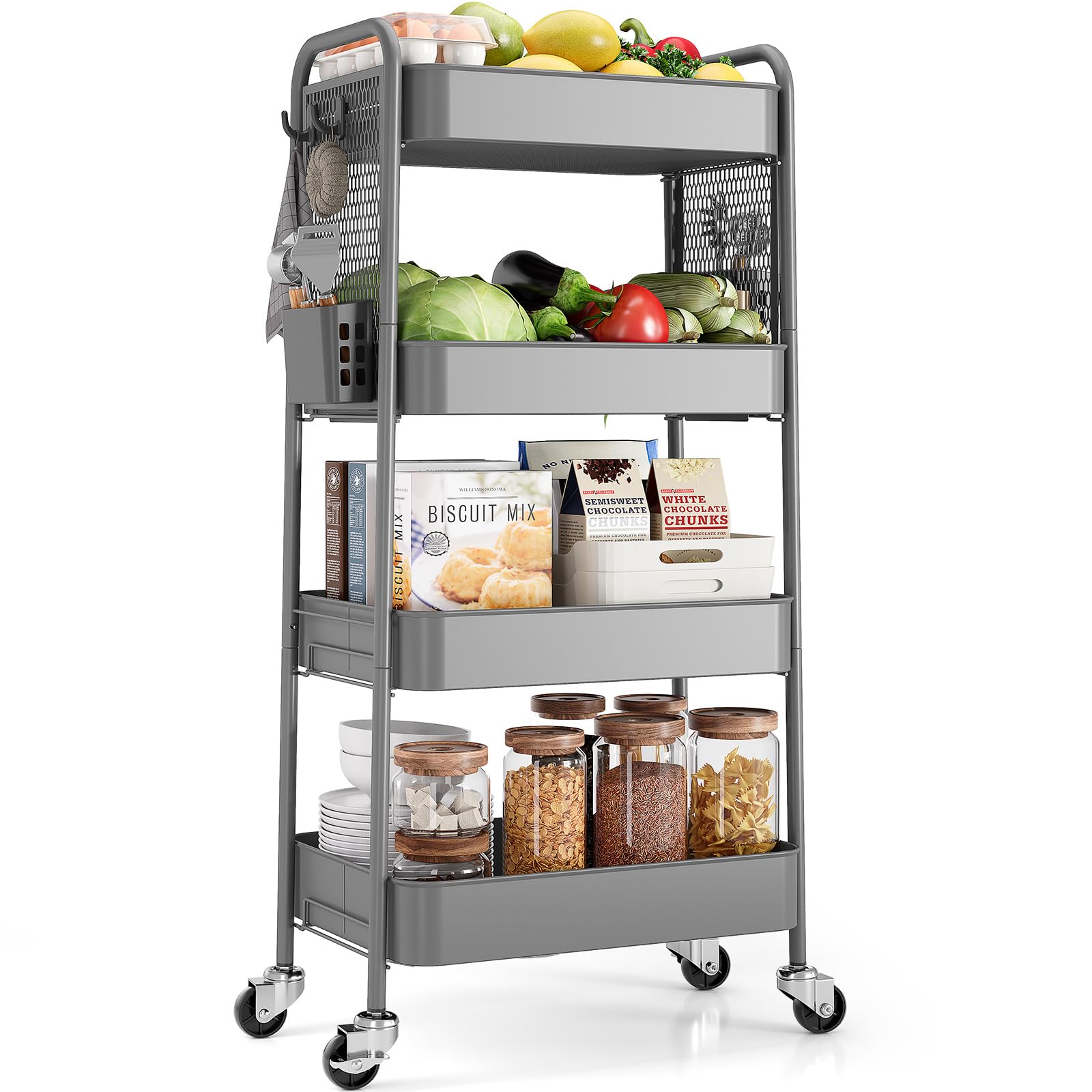 TOOLF 3 Tier Rolling Cart Storage Organizer, Metal Rolling Utility Cart with Wheels, Hooks & Bins Esthetician Craft Art Sturdy Storage with Pegboard for Bathroom, Kitchen, Office, Nursery Diaper