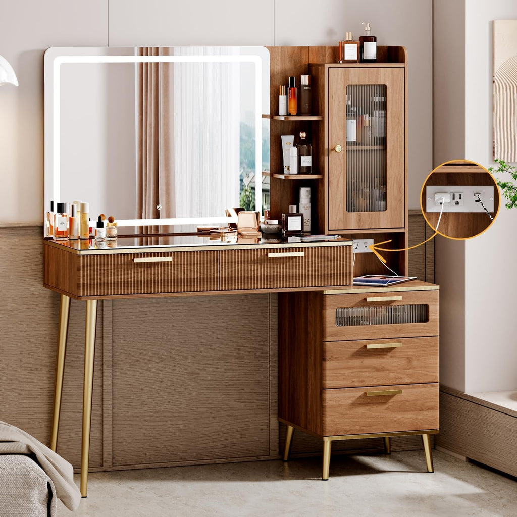 Arulvmrn Vanity Desk with 29.53" HD Lighted Mirror, 47.24" Big Modern Vanity Desk with Mirror and Lights, Makeup Vanity with 5 Drawers and Storage Shelves and Charging Station,Brown1