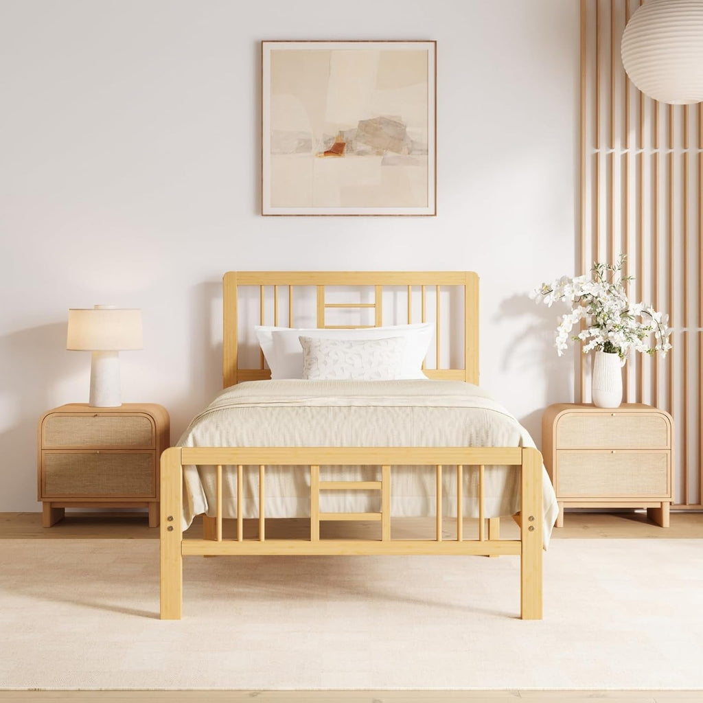 Hunlostten 10 in High Bamboo Wood Twin Bed Frame with Headboard & Footboard, Platform Bed Frame Twin Size with Steel Slats Support, Heavy Duty, No Box Spring Needed, Easy Assembly