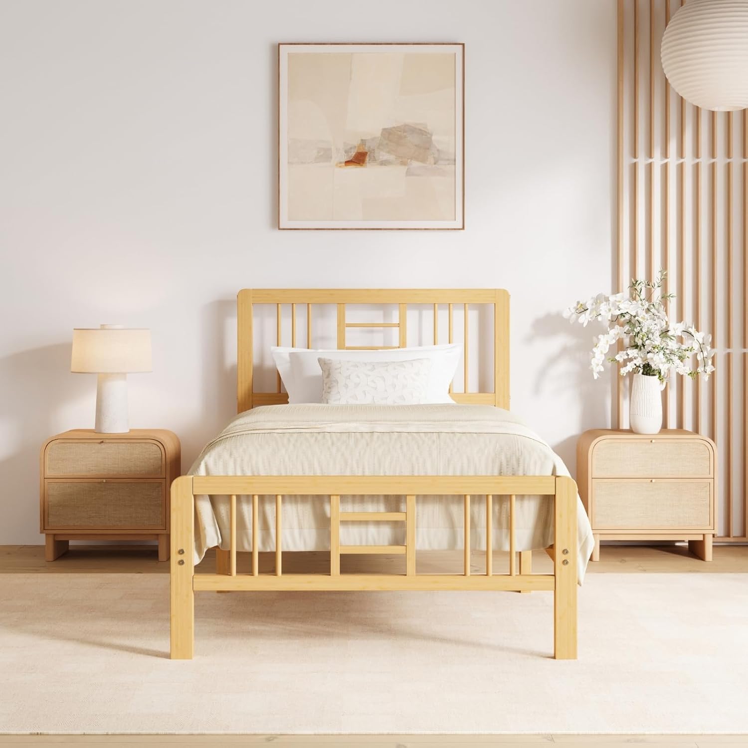 Hunlostten 10 in High Bamboo Wood Twin Bed Frame with Headboard & Footboard, Platform Bed Frame Twin Size with Steel Slats Support, Heavy Duty, No Box Spring Needed, Easy Assembly
