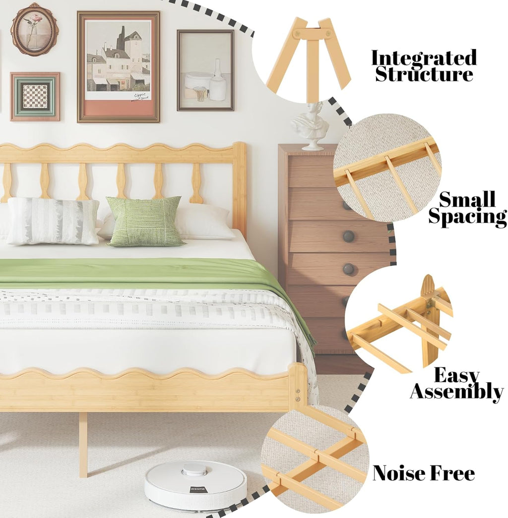 Bamboo Twin Bed Frame with Headboard, 14 inch Solid Wood Platform Bed Frames Twin Size with Metal Slats, No Box Spring Needed, Easy Assembly, Noise Free
