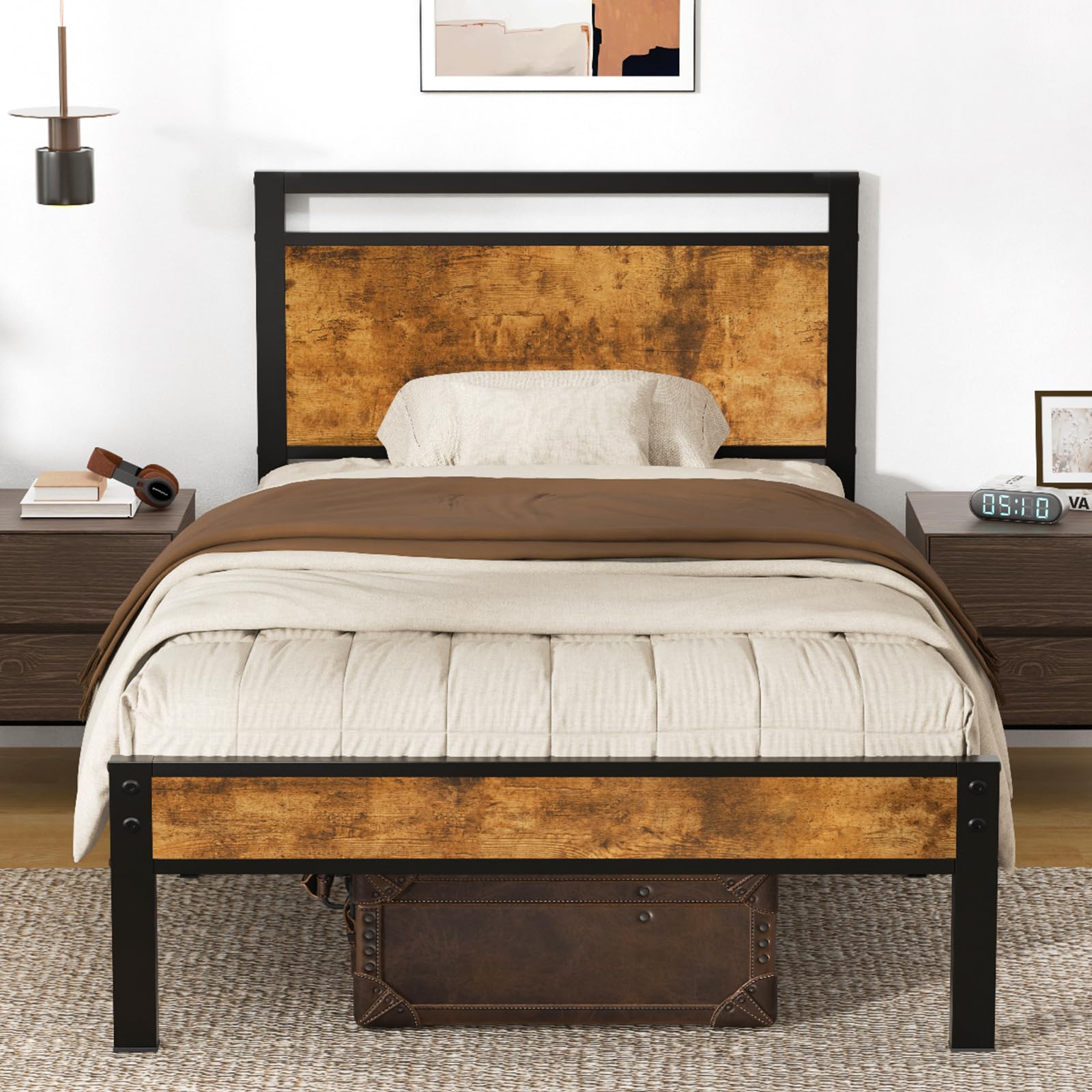 Z-hom Twin Metal Bed Frame with Wooden Headboard and Footboard, Heavy Duty Platform Frame with Mrtal Slats, No Box Spring Needed, Quiet and Non-Slip Design, Saving Space for Small Bedroom,Walnut