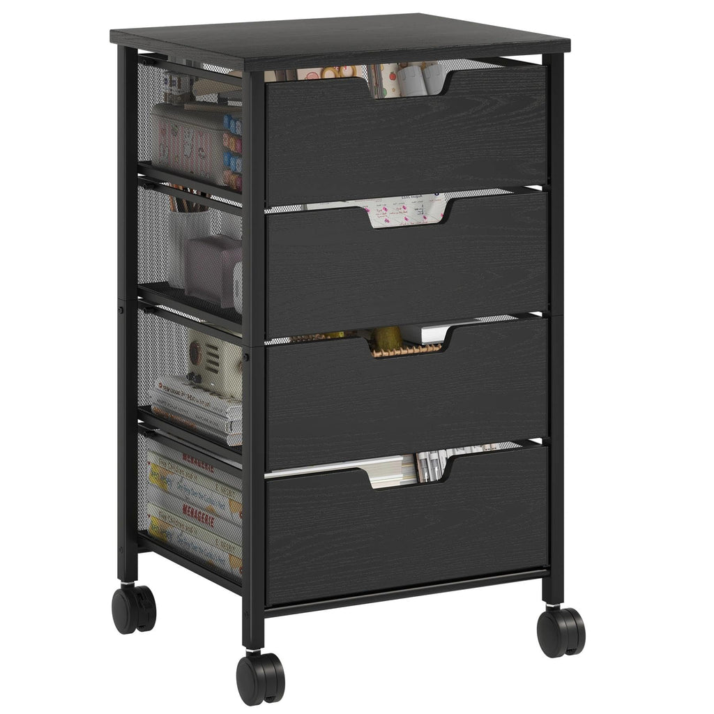 Rolling Cart with Drawers, Wooden Top and Front, with Wheels Metal Under Desk Storage Cart with 4 Drawers, for Office, Bedroom, Classroom, Home, Rustic Brown