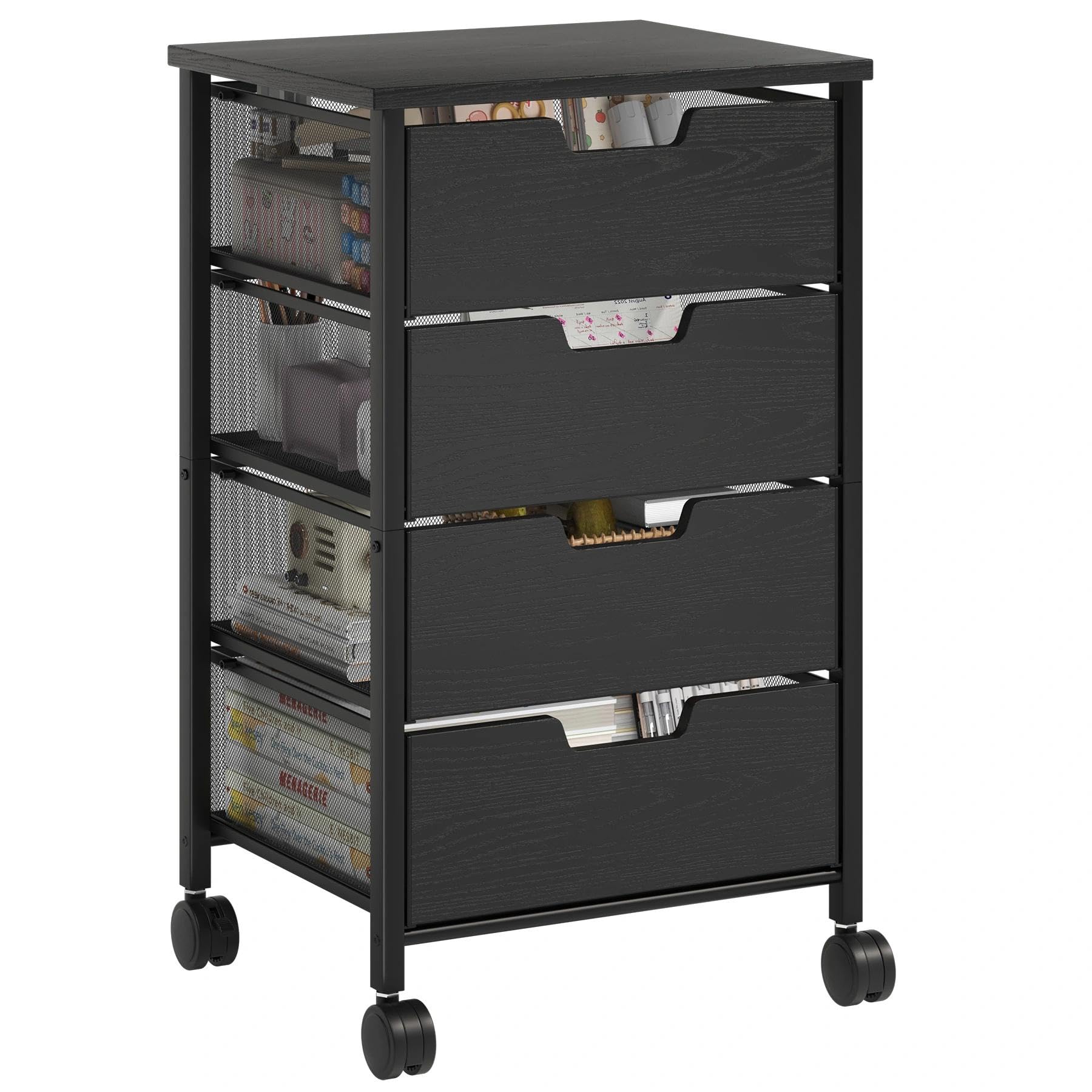 Rolling Cart with Drawers, Wooden Top and Front, with Wheels Metal Under Desk Storage Cart with 4 Drawers, for Office, Bedroom, Classroom, Home, Rustic Brown