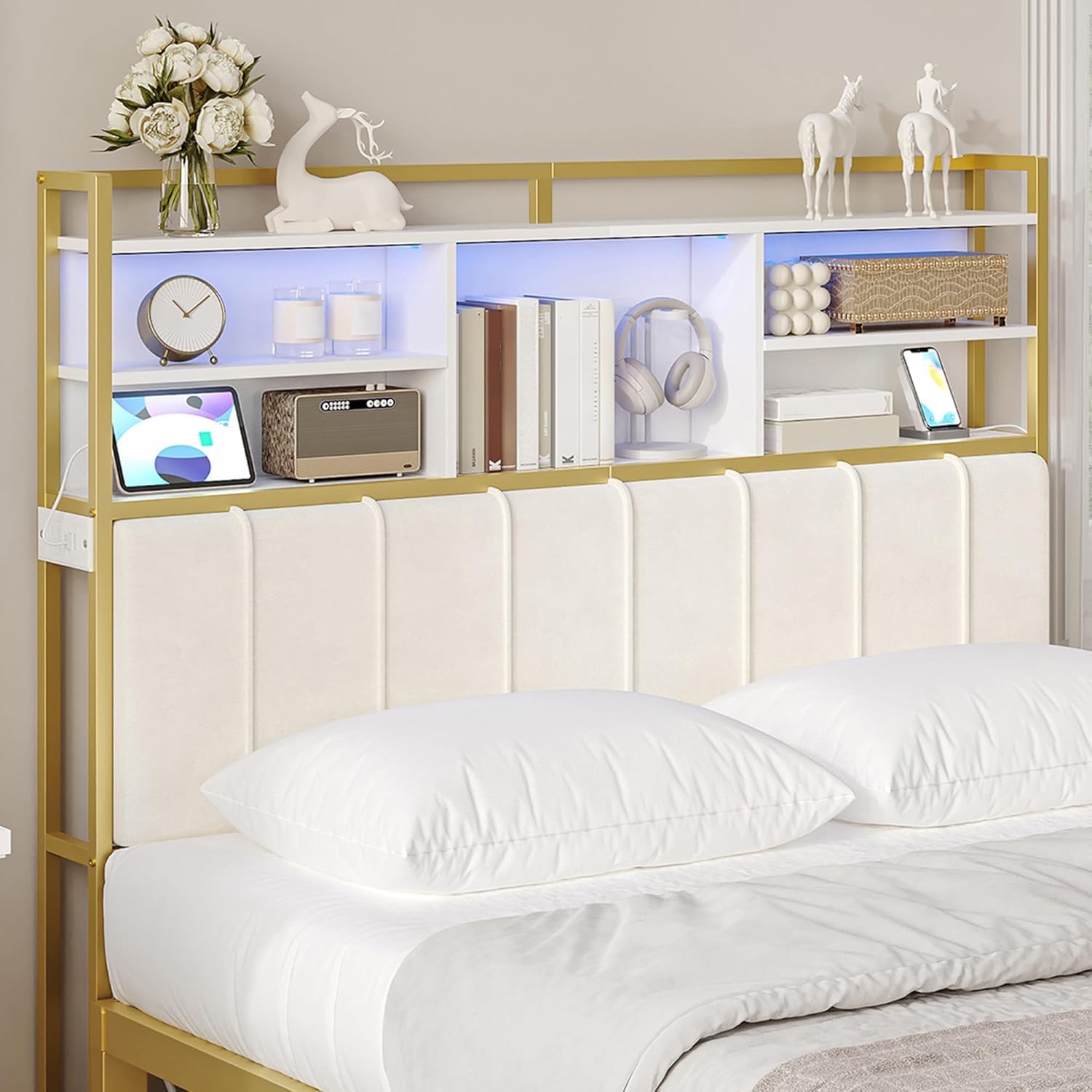Hzuaneri Headboard with 3-Tier Storage Shelves, Velvet Upholstered Head Board with 2 Outlets, USB Ports & LED Light, Soft Backrest for Queen Size Bed, Black BH15204B