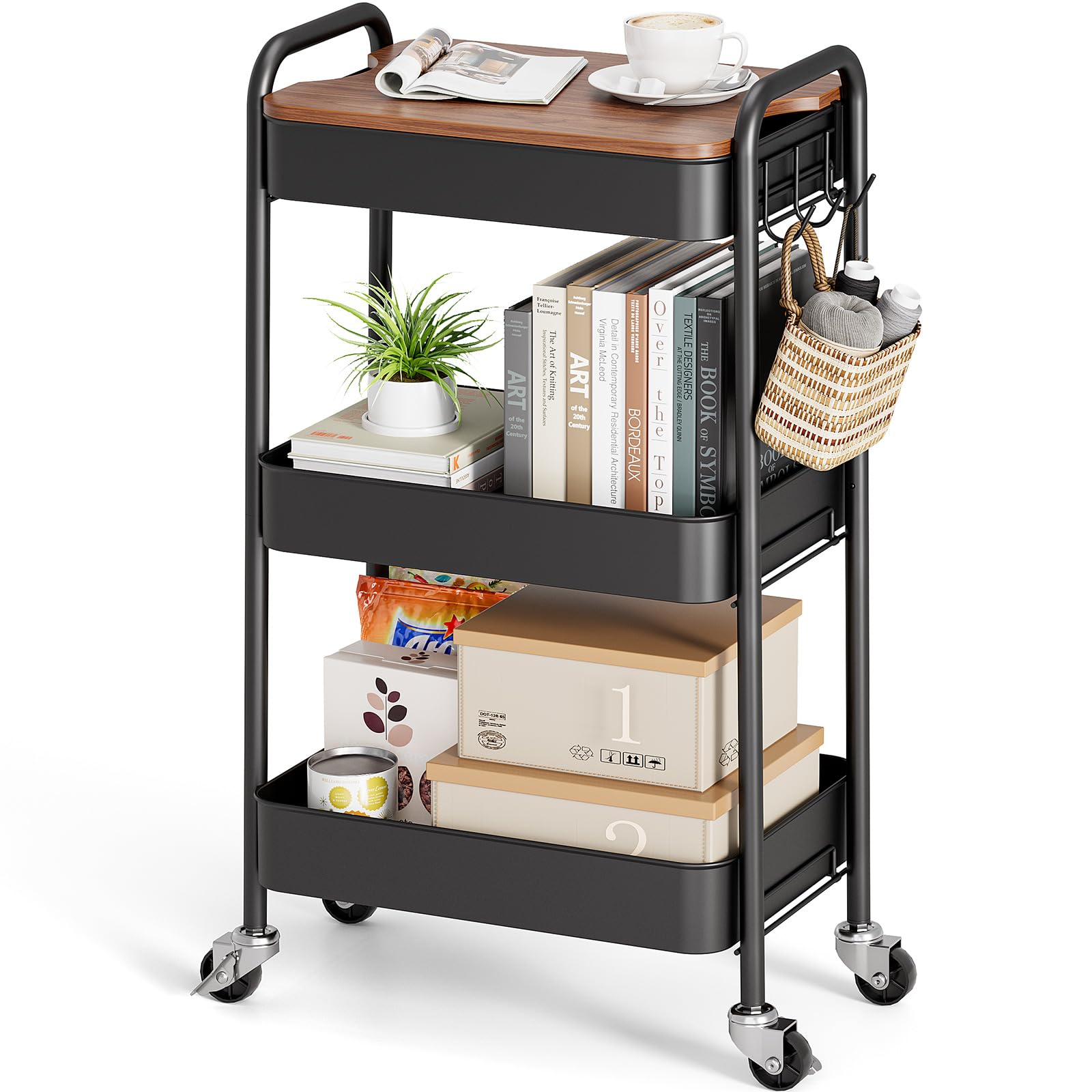 TOOLF 3-Tier Rolling Cart with Table Top, Metal Storage Cart on Wheels, Utility Organizer with Wooden Tray, Lockable Casters, Easy Assembly for Bathroom, Living Room, Office, Kitchen, White