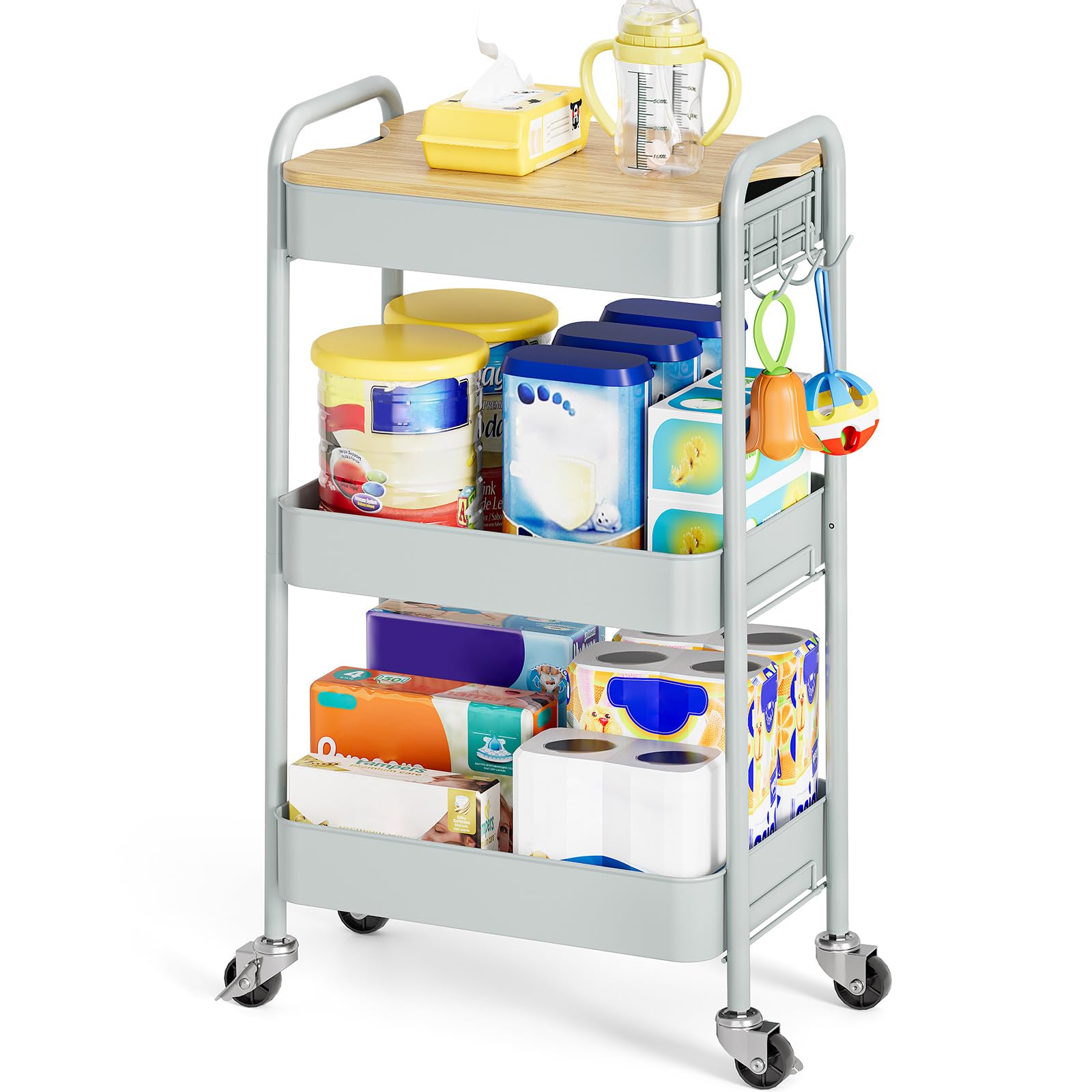 TOOLF 3-Tier Rolling Cart with Table Top, Metal Storage Cart on Wheels, Utility Organizer with Wooden Tray, Lockable Casters, Easy Assembly for Bathroom, Living Room, Office, Kitchen, White