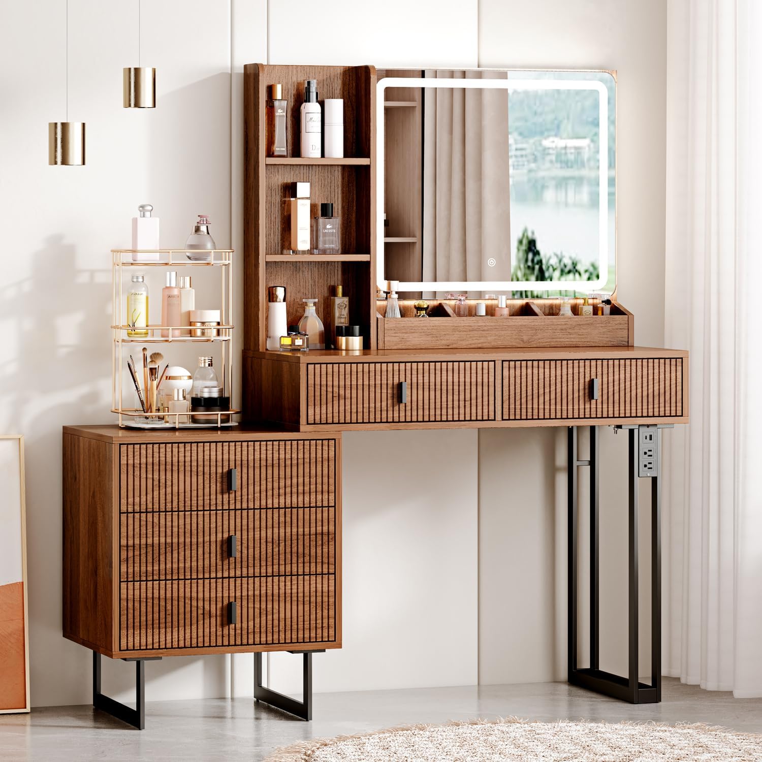 Large Vanity Desk with 3 Color Touch Screen Dimming Mirror, Vanity Desk with Charging Station, Modern Retractable Makeup Dressing Table, Makeup Table With storage shelves and 5 Sliding Drawers, Oak