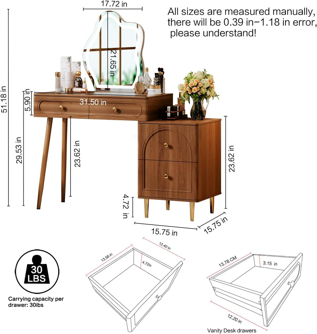Chrangmay Walnut Corner Makeup Vanity Desk with Lighted Mirror & 4 Drawers, Modern Minimalist Dressing Table with Nightstand for Girls Bedroom