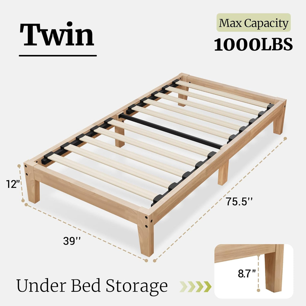 Awesofurni Twin Bed Frame, 12 Inch Solid Wood Platform Bed with Wooden Slats, Natural Finish Wood Bed Frame No Box Spring Needed, Noise Free - Easy Assembly