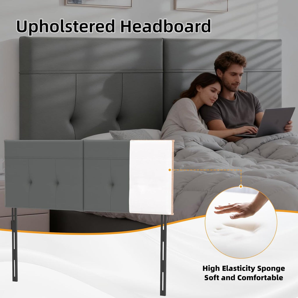 King Headboard Only with Adjustable Metal Legs, Faux Leather Upholstered Headboard King Size, Modern Stylish Headboard with Sunken Dot Design, Sturdy Bed Headboard for Bedroom, Gray