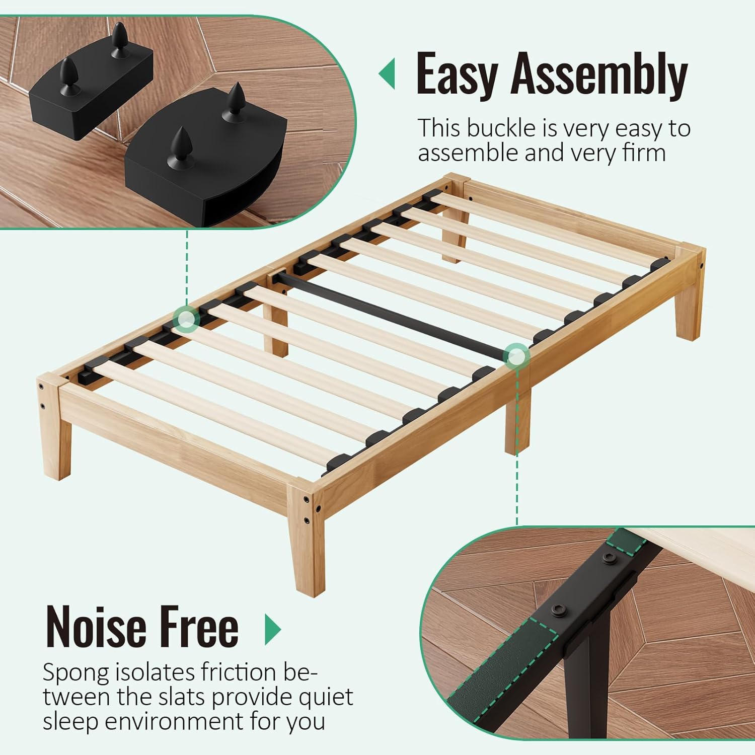 Twin Size Solid Wood Platform Bed - Noise-Free Design with Metal and Wood Slat Support, No Box Spring Needed, Easy Assembly, Natural Wood Finish