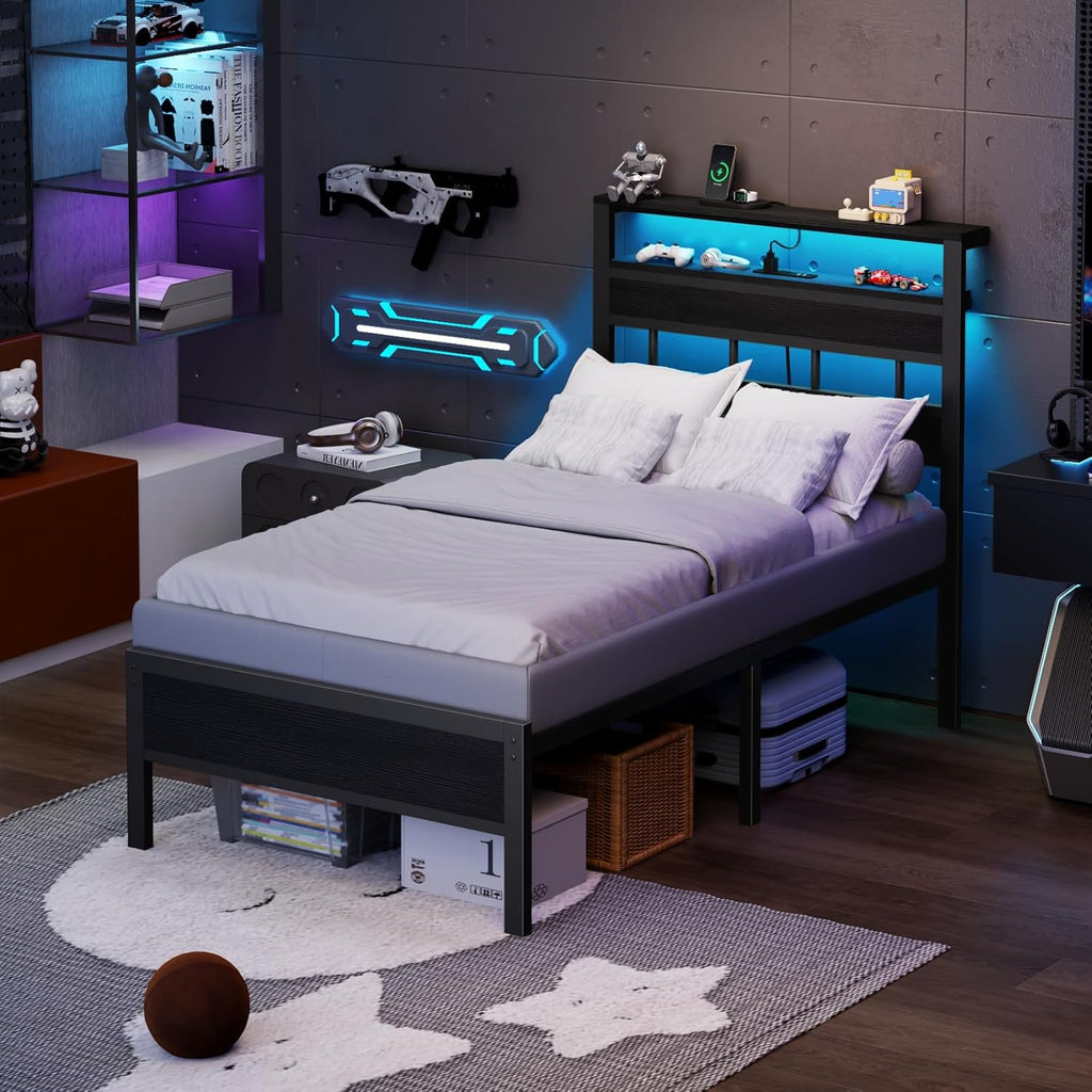 Furnulem Twin Bed Frames with Charging Station and LED Lights, Twin Size Platform Bed with Metal Slats, Wood Headboard with 2-Tier Storage Shelves, No Box Spring Needed, Black Oak