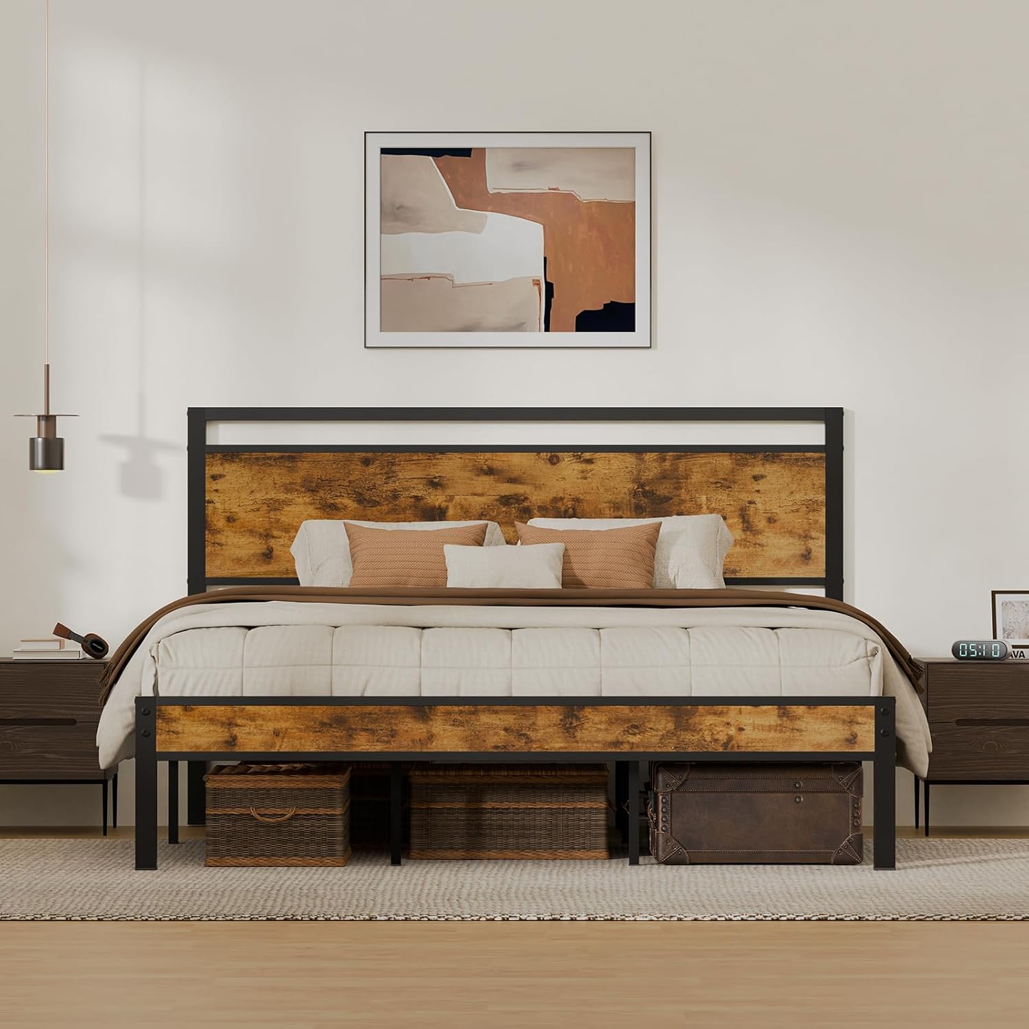 Z-hom Twin Metal Bed Frame with Wooden Headboard and Footboard, Heavy Duty Platform Frame with Mrtal Slats, No Box Spring Needed, Quiet and Non-Slip Design, Saving Space for Small Bedroom,Walnut