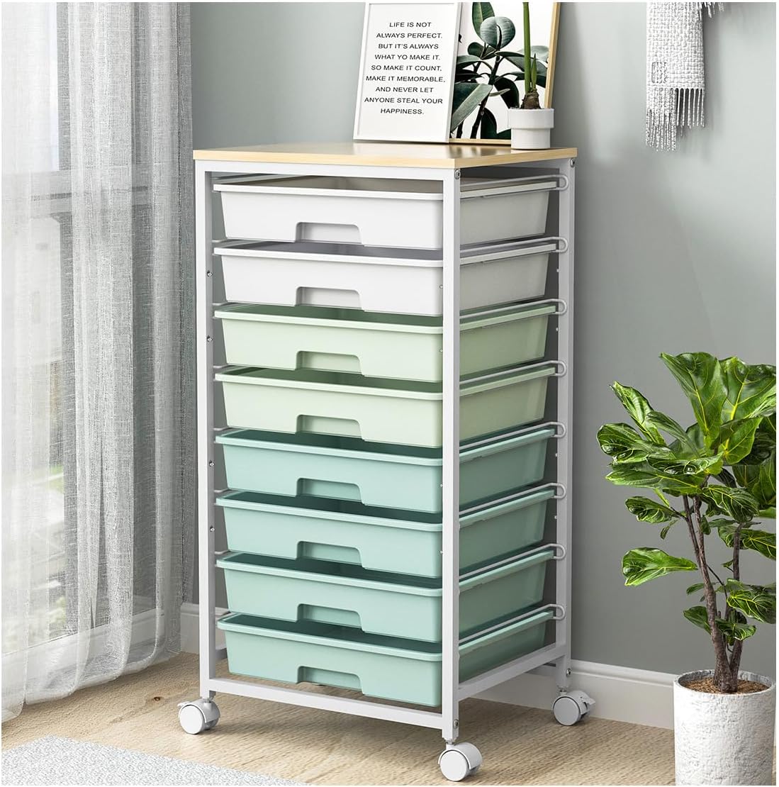 Green Rolling Utility Storage Cart with 8 Drawers & Wooden Tabletop, Multi-scene Organizer for Home Office Craft Dorm