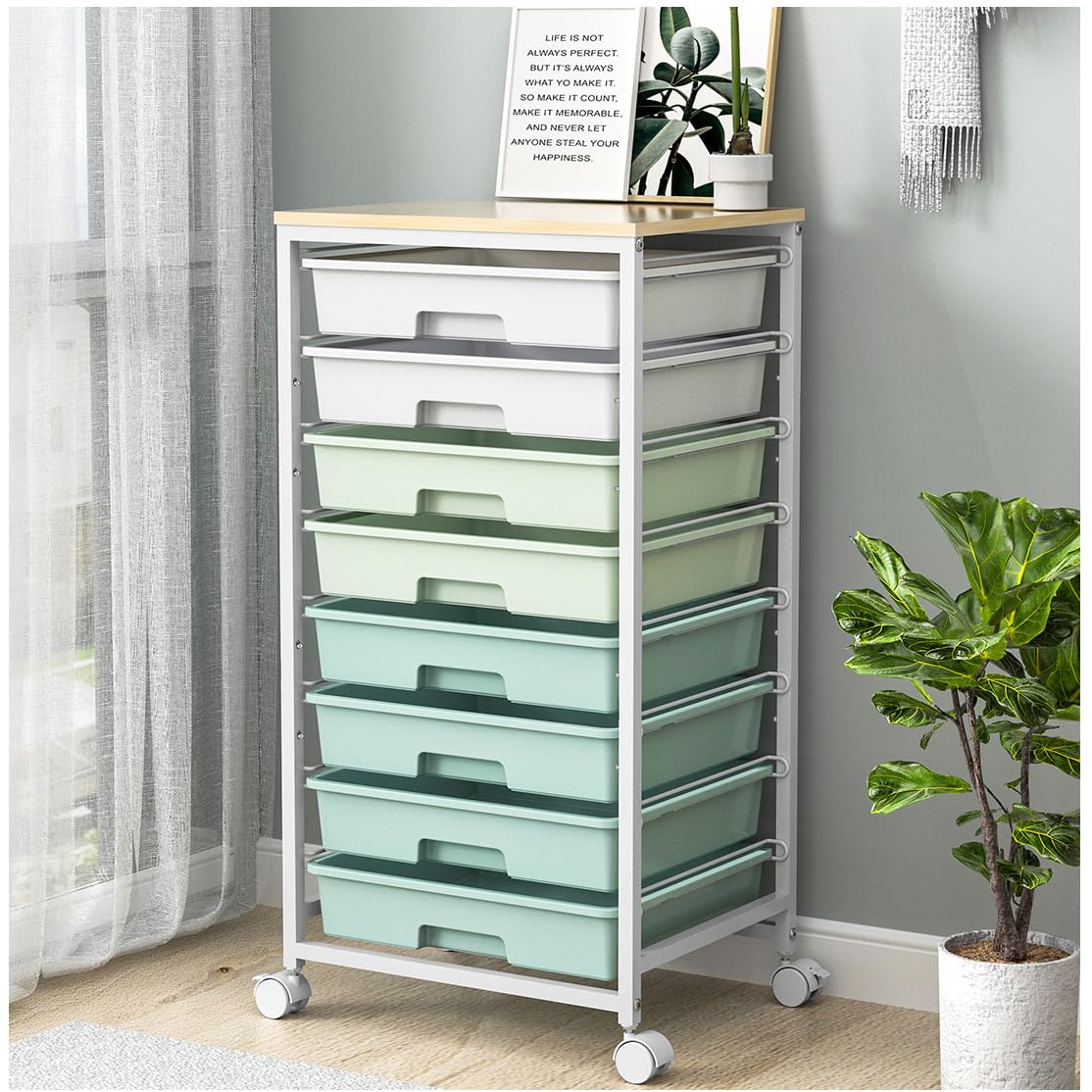 Green Rolling Utility Storage Cart with 8 Drawers & Wooden Tabletop, Multi-scene Organizer for Home Office Craft Dorm