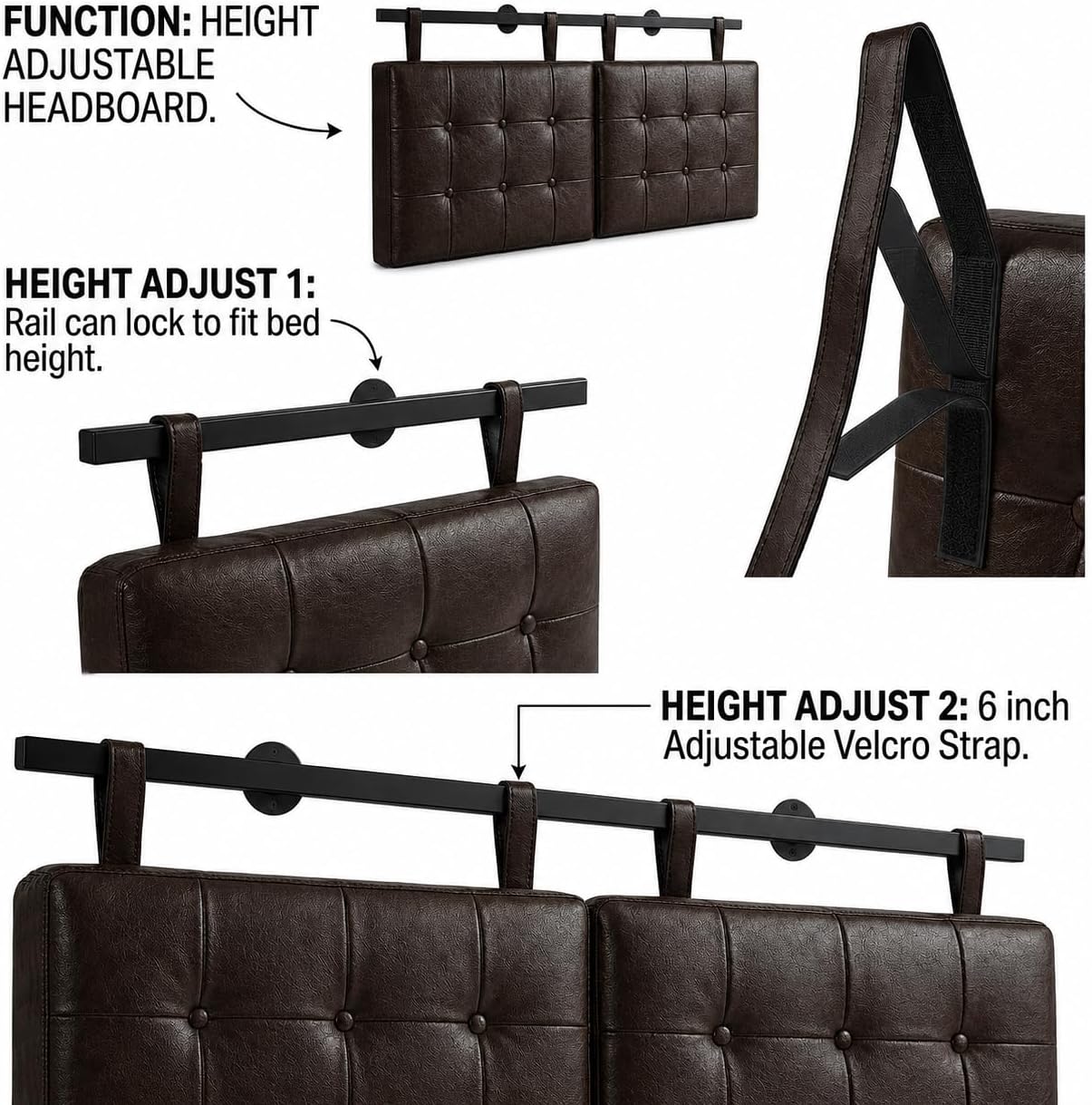 Queen Headboard only, Wall Mounted Headboard for Adjustable Bed, Hanging Head Board for Queen Size Bed Button Tufted Upholstered Headboard Cabeceras De Cama for Bedroom, Dorm, Dark Brown Faux Leather