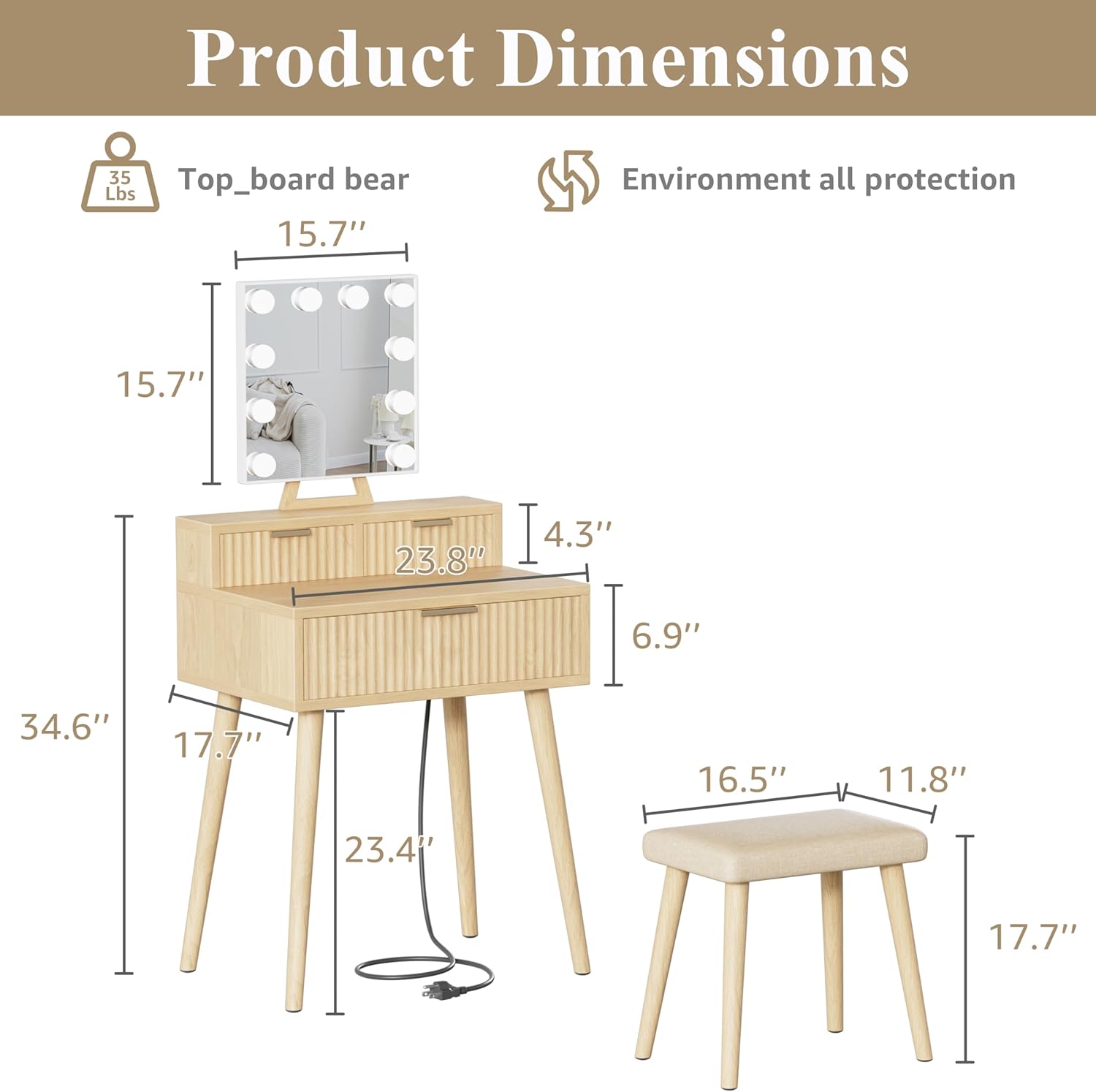 BOLUO Small Vanity Desk with Hollywood Mirror and Lights, Girls Vanity with Stool, Fluted Vanity Set, Compact Make Up Table with Drawers and Outlet Bedroom