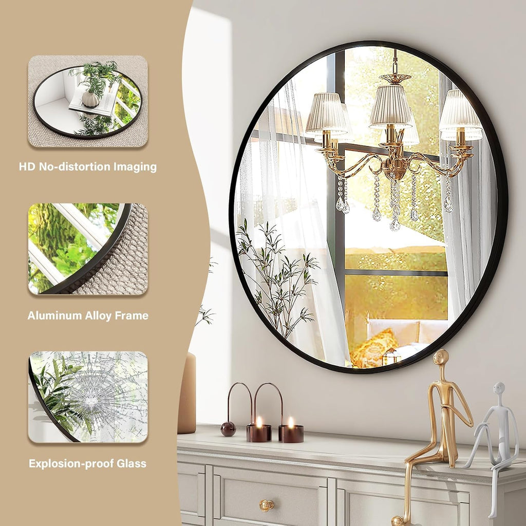HARRITPURE Round Mirror 30 Black Wall Mounted Circle Mirrors Vanity Mirror with Brushed Aluminum Alloy Frame Modern Decoration for Bathroom, Living Room, Vanity, Bedroom, Entryway