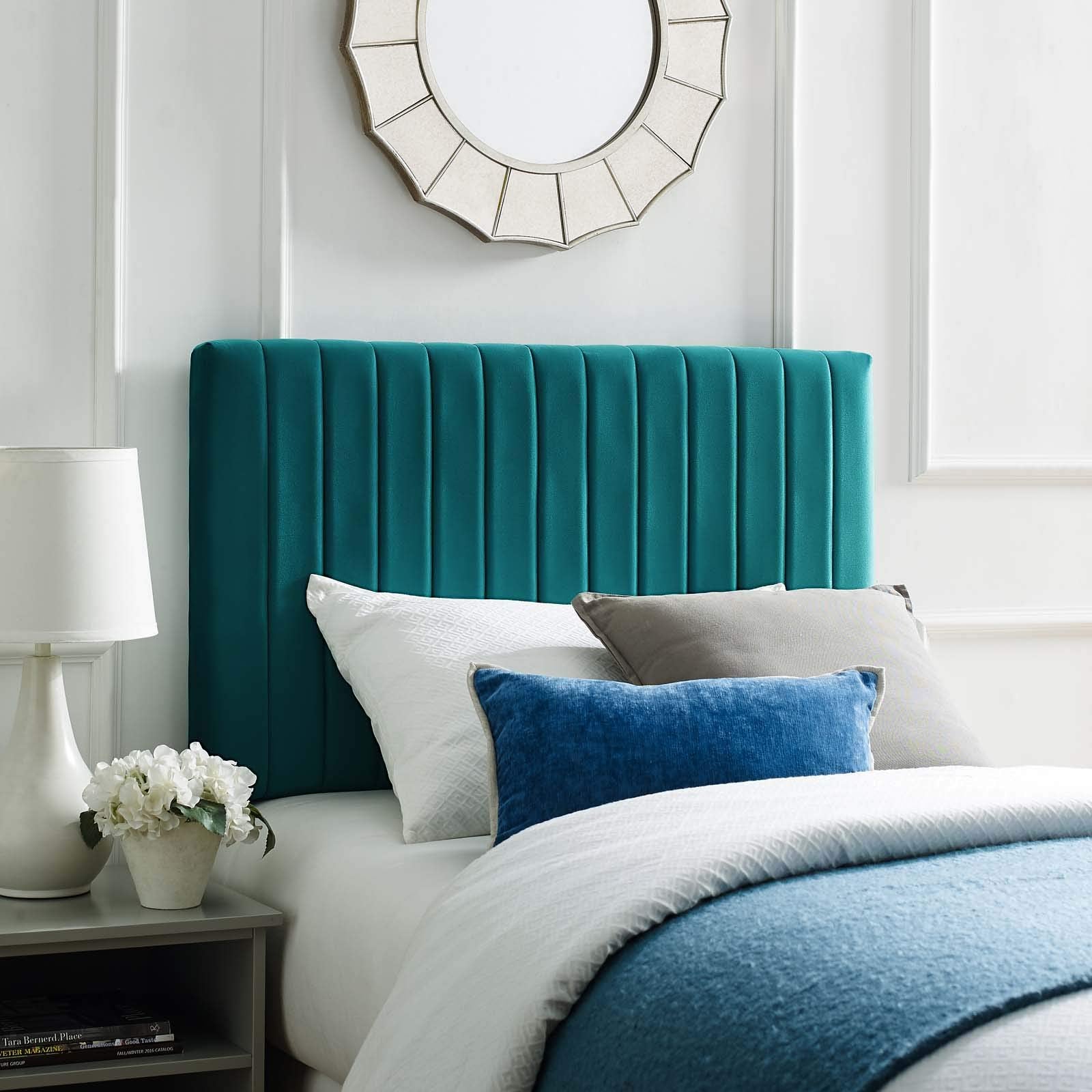 Modway Keira Channel Tufted Performance Velvet Upholstered Twin Headboard in Midnight Blue