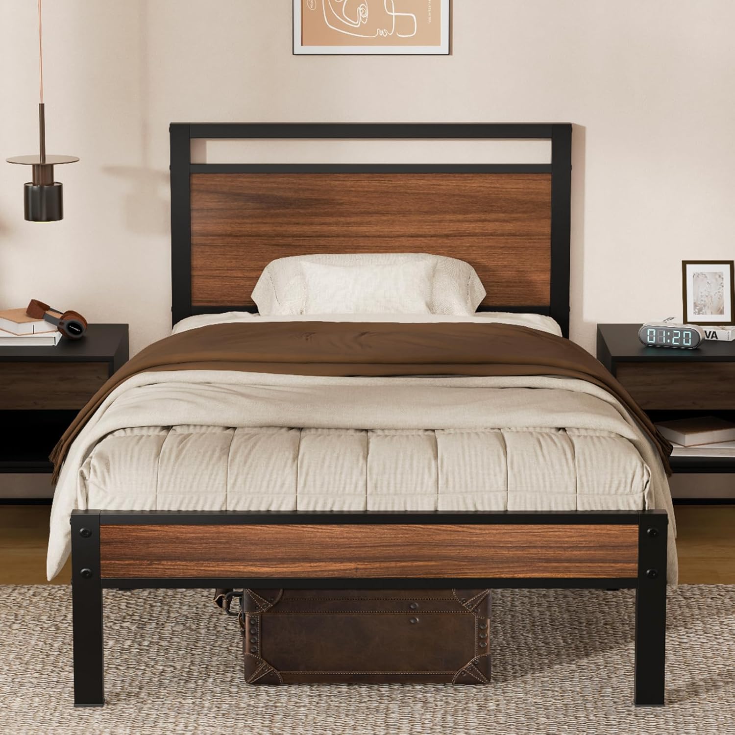 Z-hom Twin Metal Bed Frame with Wooden Headboard and Footboard, Heavy Duty Platform Frame with Mrtal Slats, No Box Spring Needed, Quiet and Non-Slip Design, Saving Space for Small Bedroom,Walnut