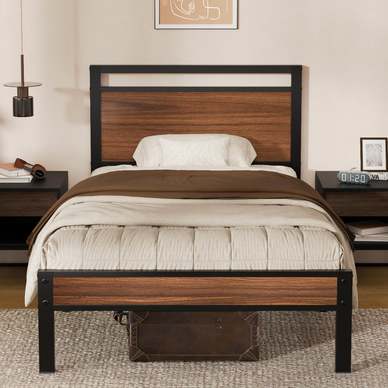Z-hom Twin Metal Bed Frame with Wooden Headboard and Footboard, Heavy Duty Platform Frame with Mrtal Slats, No Box Spring Needed, Quiet and Non-Slip Design, Saving Space for Small Bedroom,Walnut