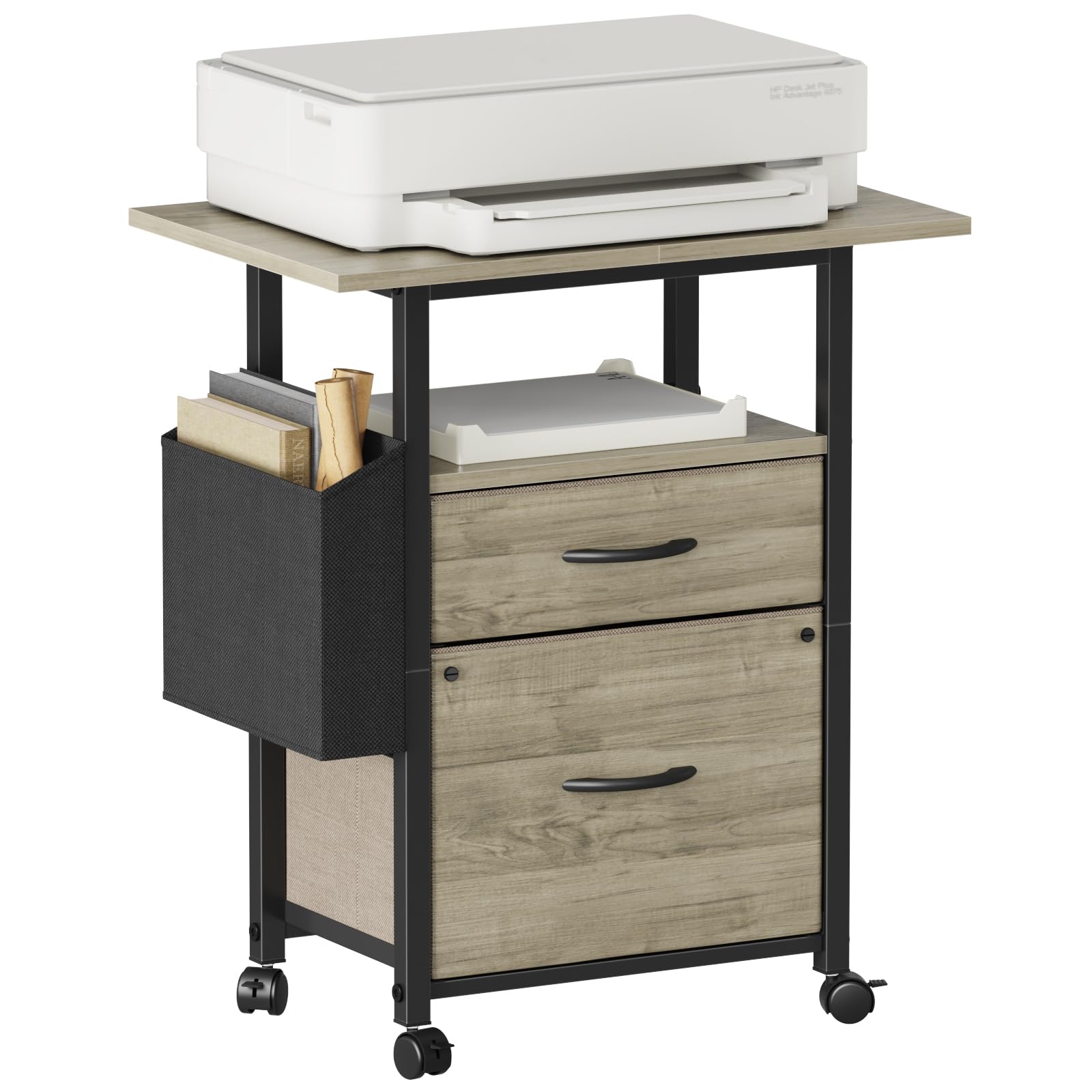 GYIIYUO 2 Drawer File Cabinet with 24'' Extended Desktop, Light Brown | Mobile Filing Cabinet, Side Bag, Fits A4/Letter Size, Rolling Printer Stand, Home Office, Fabric Drawer