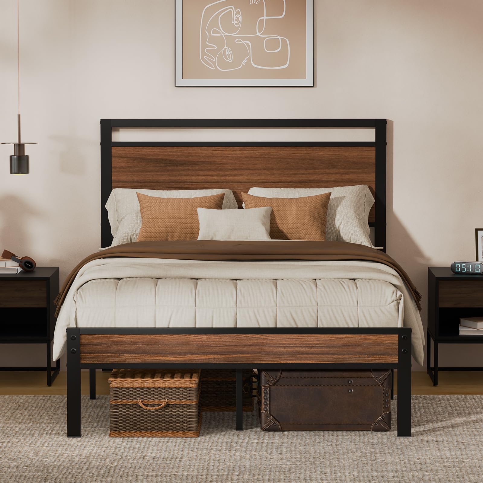 Z-hom Twin Metal Bed Frame with Wooden Headboard and Footboard, Heavy Duty Platform Frame with Mrtal Slats, No Box Spring Needed, Quiet and Non-Slip Design, Saving Space for Small Bedroom,Walnut