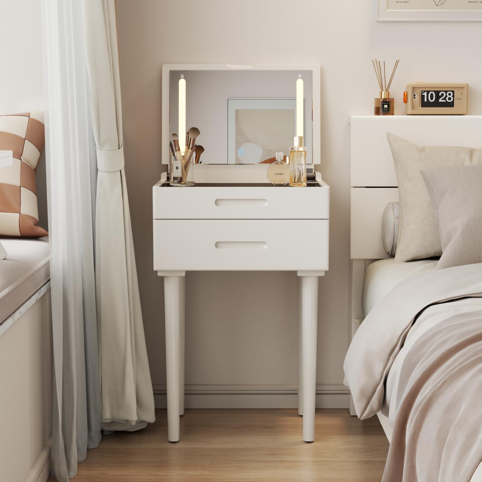 Muwuele Solid Wood Small Vanity Desk with Mirror and Lights, Narrow Makeup Vanity for Small Space, Flip Top Vanity Side Table, 3 Color Modes & Adjustable Brightness, 23.6" Slim Dressing Table, Walnut