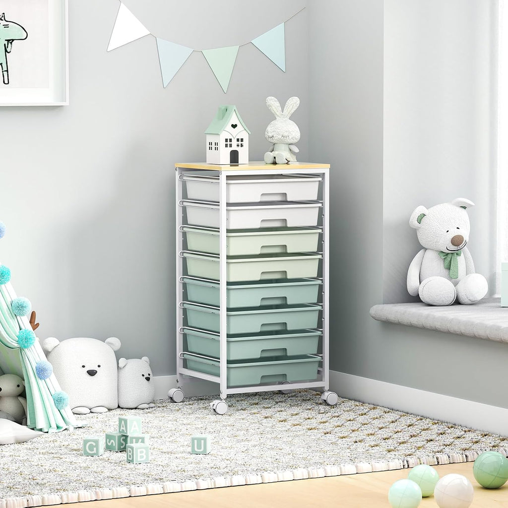 Green Rolling Utility Storage Cart with 8 Drawers & Wooden Tabletop, Multi-scene Organizer for Home Office Craft Dorm