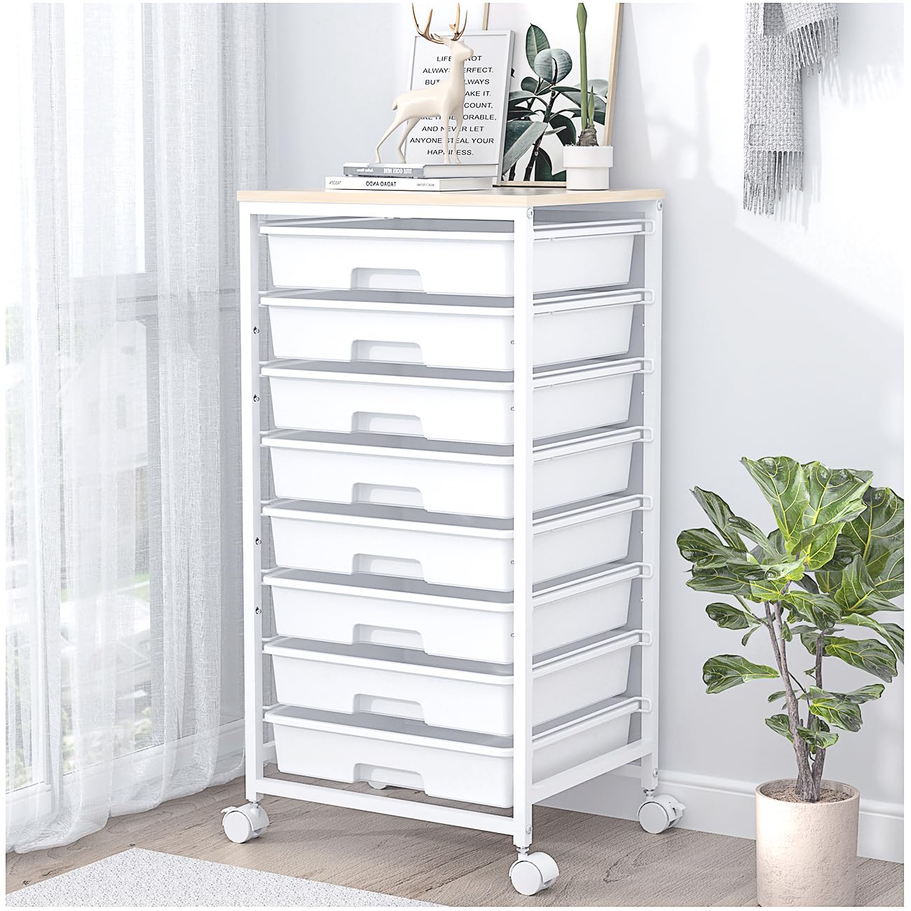 Green Rolling Utility Storage Cart with 8 Drawers & Wooden Tabletop, Multi-scene Organizer for Home Office Craft Dorm