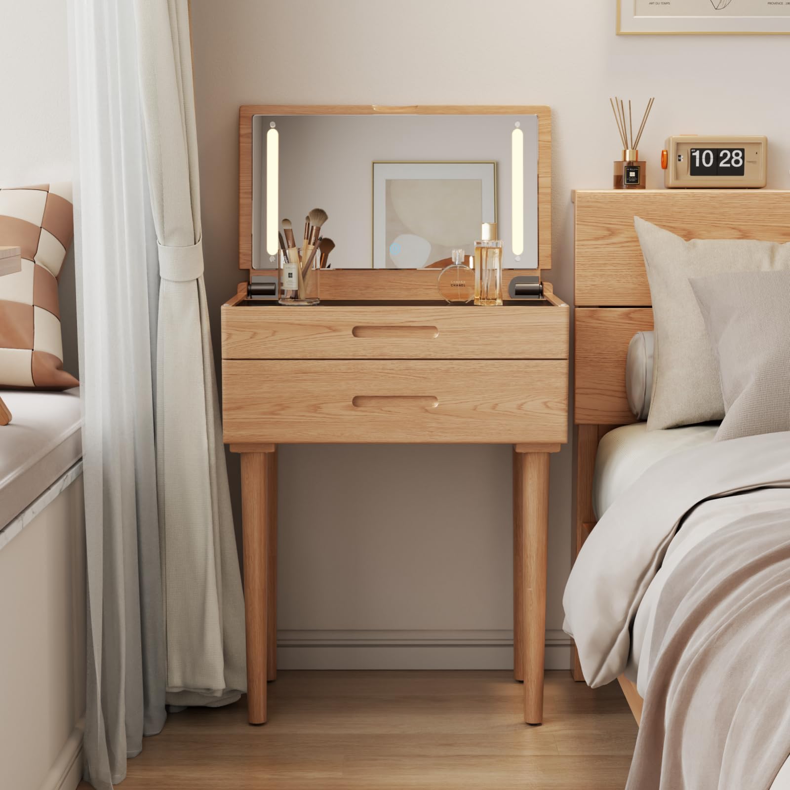 Muwuele Solid Wood Small Vanity Desk with Mirror and Lights, Narrow Makeup Vanity for Small Space, Flip Top Vanity Side Table, 3 Color Modes & Adjustable Brightness, 23.6" Slim Dressing Table, Walnut