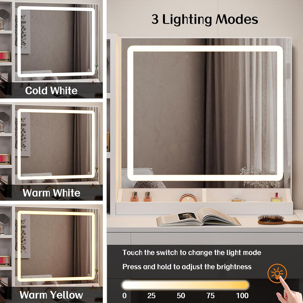 Haewon White Vanity Desk with Mirror and Lights, Makeup Vanity with Charging Station and 3 Lighting Modes, Dressing Table Set with Storage Cabinet, Drawers and Chair for Girls Bedroom