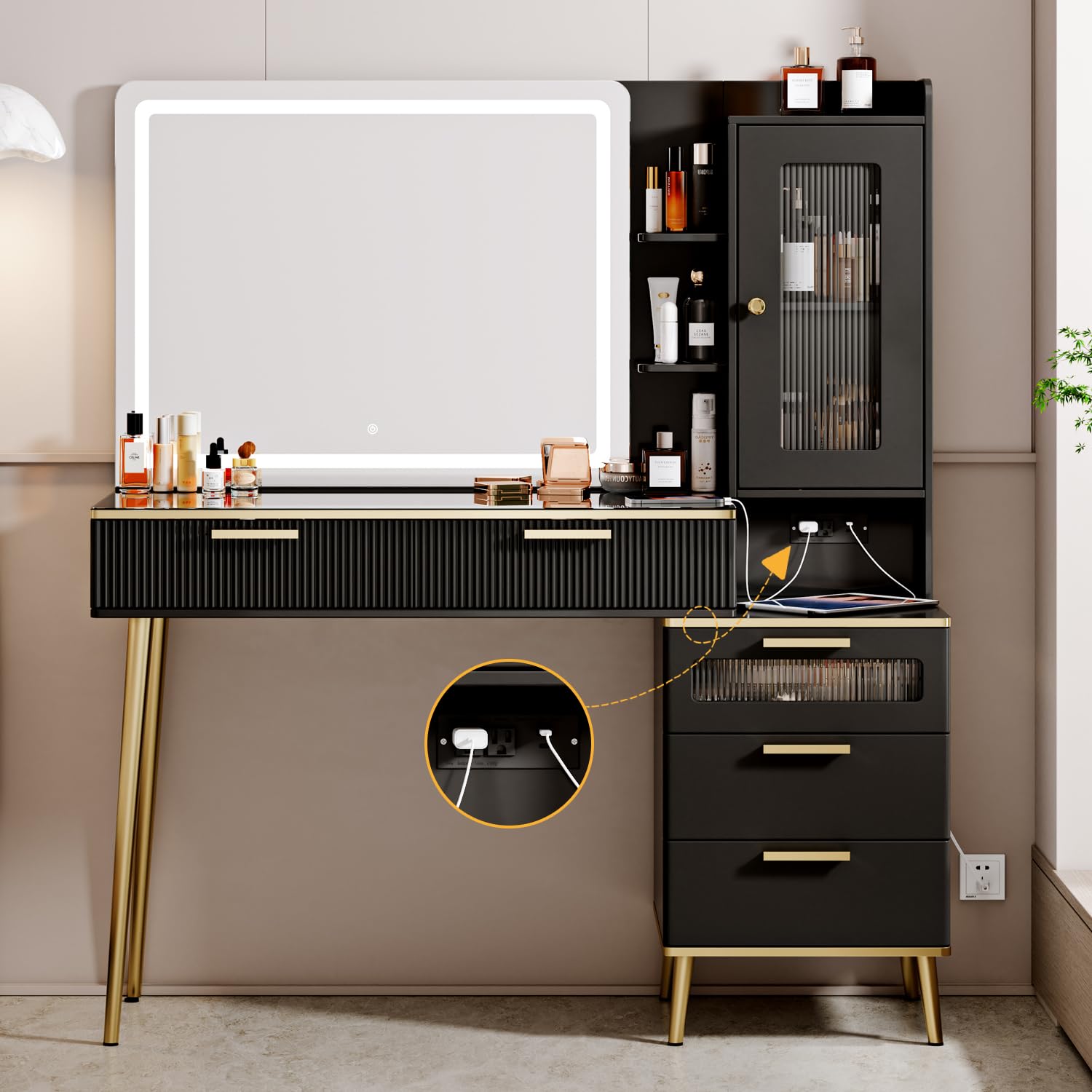 Arulvmrn Vanity Desk with 35.12" HD Lighted Mirror, 46.85" Big Modern Vanity Desk with Mirror and Lights, Makeup Vanity with 7 Drawers and Storage Shelves and Charging Station, Oak