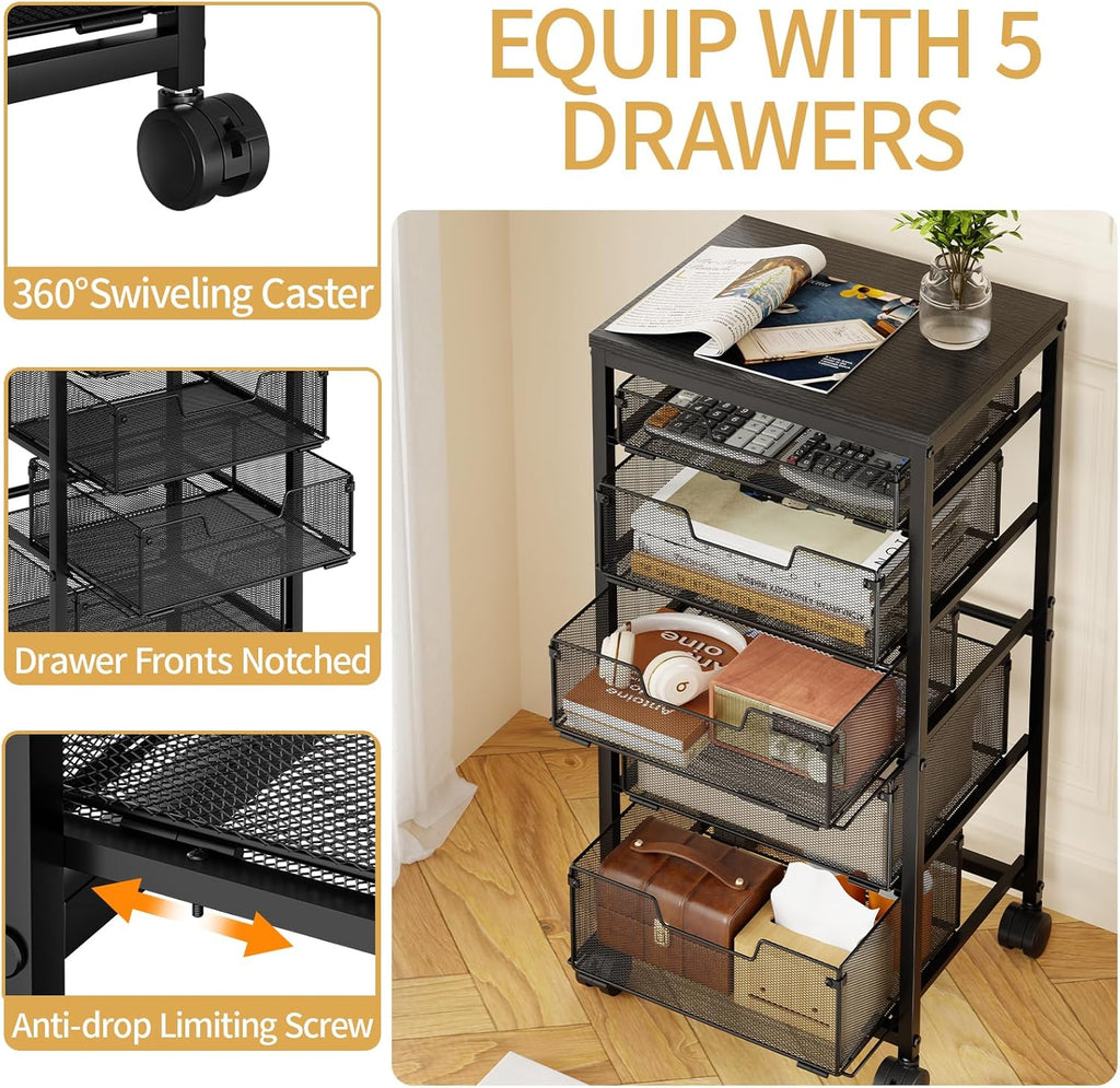 Sbanmao Utility Cart with 5 Drawers, Rolling Storage Cart with Wooden Tabletop and Lockable Wheels, Storage Drawer Cart with Drawers, Craft Cart for Bedroom, Classroom, Home, Office,Black