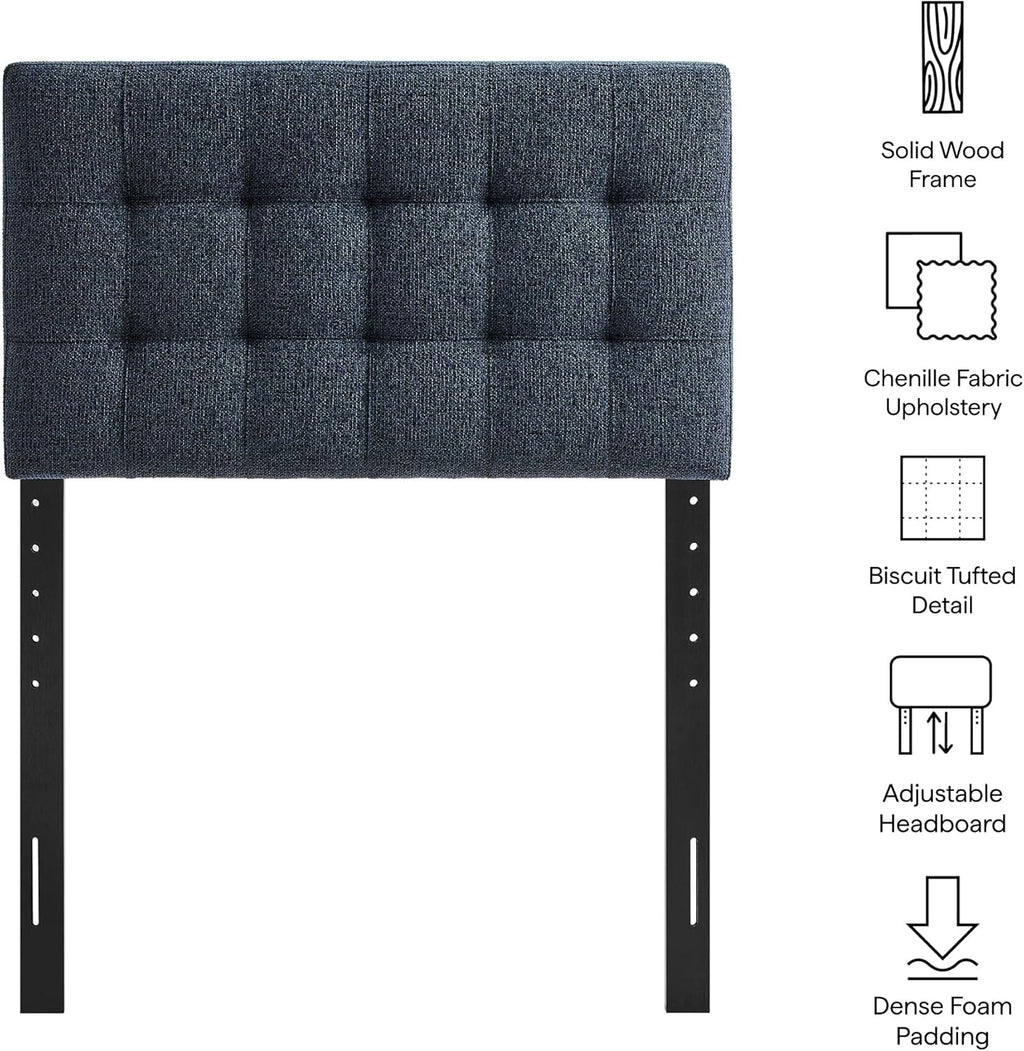 Modway Lily Twin Size Headboard with Biscuit Tufting in Navy - Fabric Upholstery with Padded Design and 5 Height-Adjustable Mounts