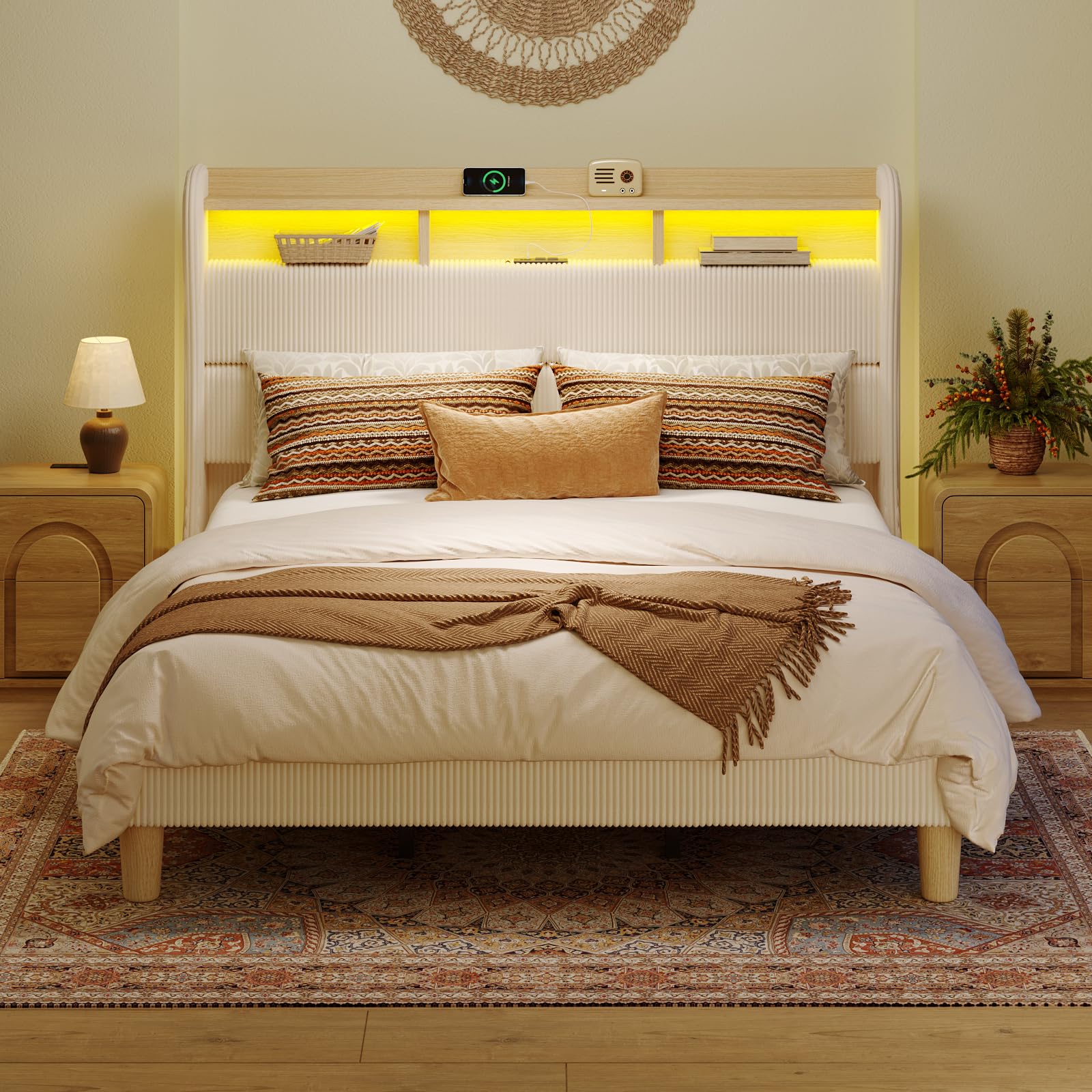 Bestier Queen Bed Frame with Adjustable Headboard & LED Lighting, Corduroy Upholstered Platform Bed Frame with Storage Shelf, Solid Wood Slats, No Box Spring Needed,Never Squeak, Easy Assembly, Beige