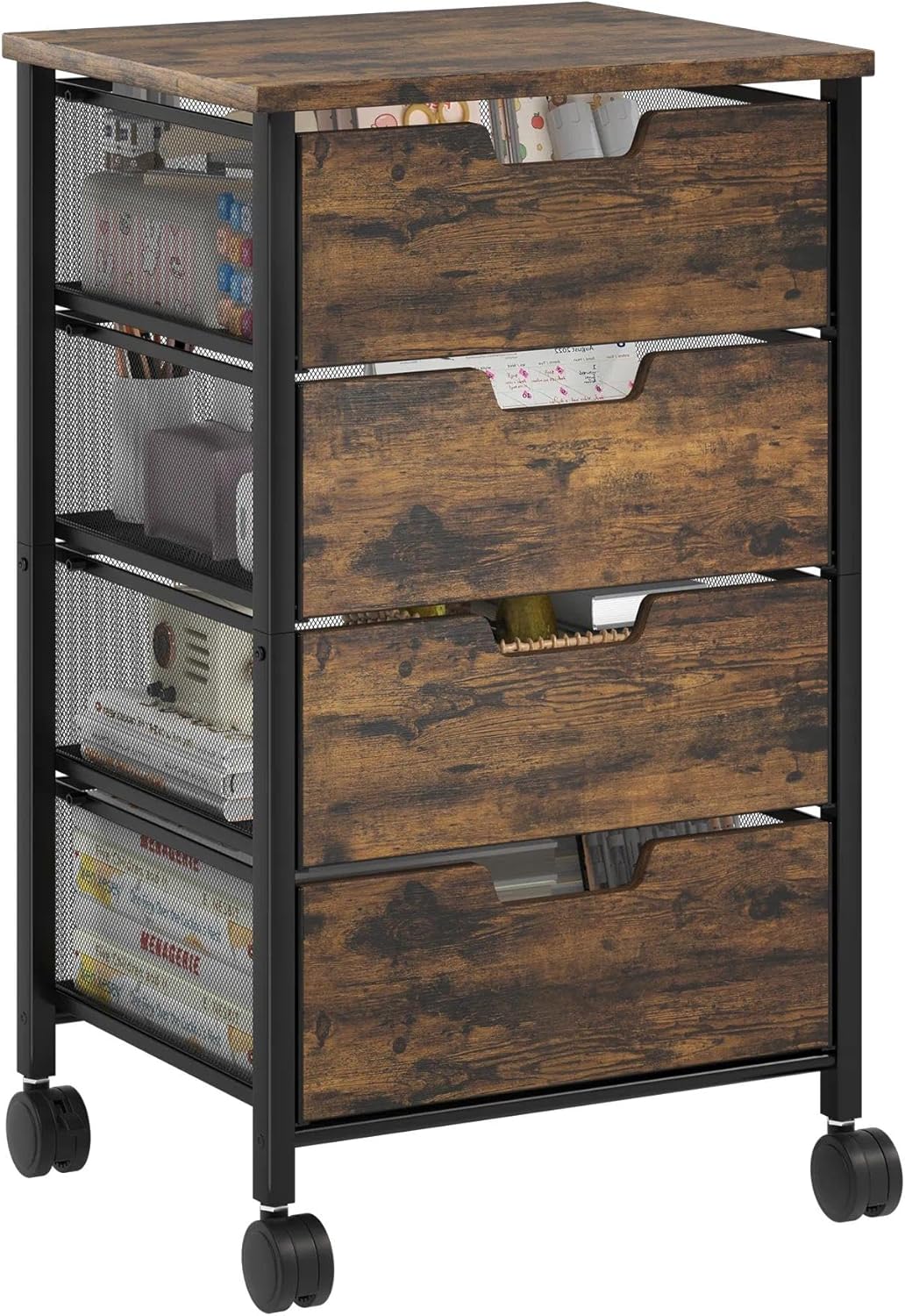 Rolling Cart with Drawers, Wooden Top and Front, with Wheels Metal Under Desk Storage Cart with 4 Drawers, for Office, Bedroom, Classroom, Home, Rustic Brown