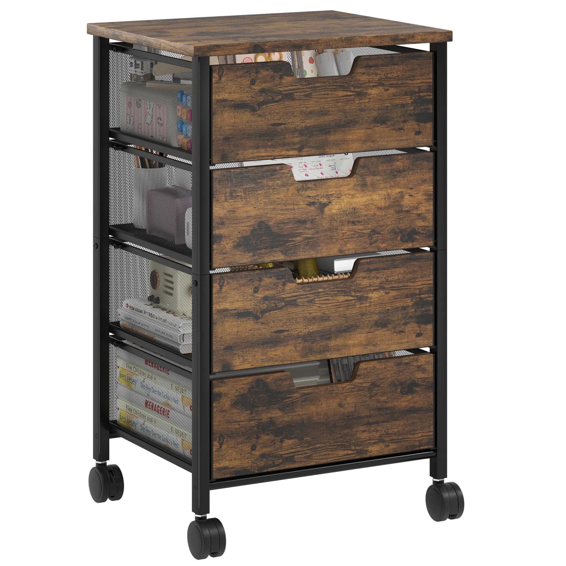 Rolling Cart with Drawers, Wooden Top and Front, with Wheels Metal Under Desk Storage Cart with 4 Drawers, for Office, Bedroom, Classroom, Home, Rustic Brown