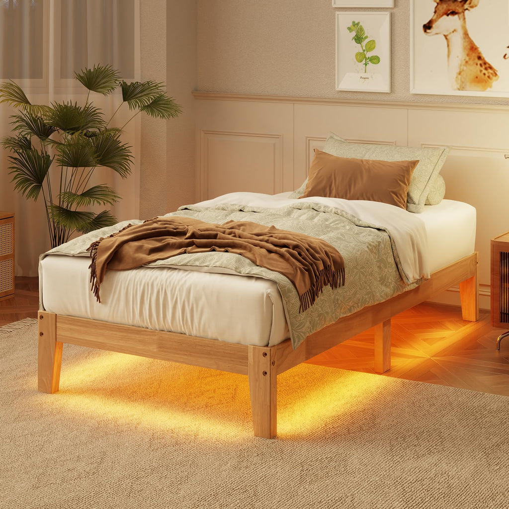 Twin Size Solid Wood Platform Bed - Noise-Free Design with Metal and Wood Slat Support, No Box Spring Needed, Easy Assembly, Natural Wood Finish