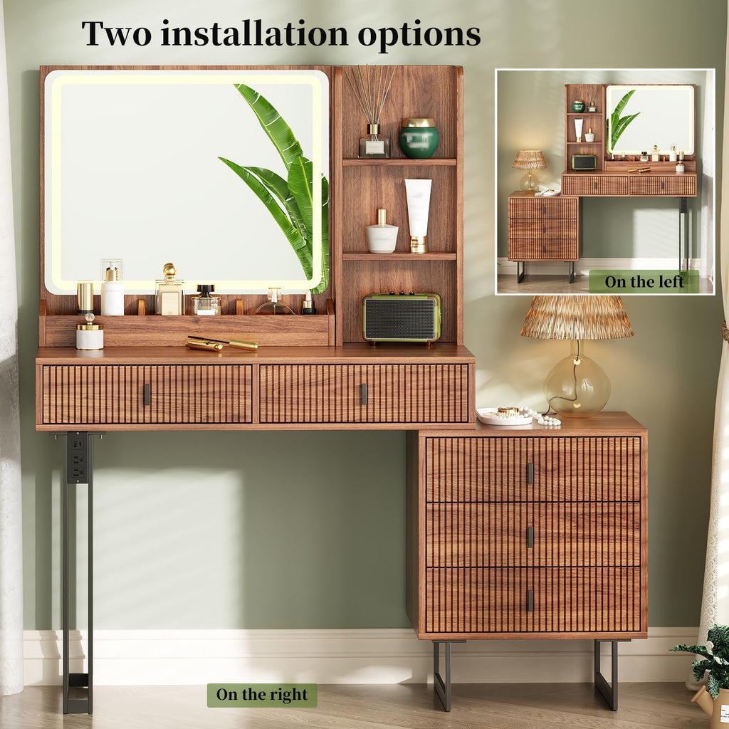 Large Vanity Desk with 3 Color Touch Screen Dimming Mirror, Vanity Desk with Charging Station, Modern Retractable Makeup Dressing Table, Makeup Table With storage shelves and 5 Sliding Drawers, Brown