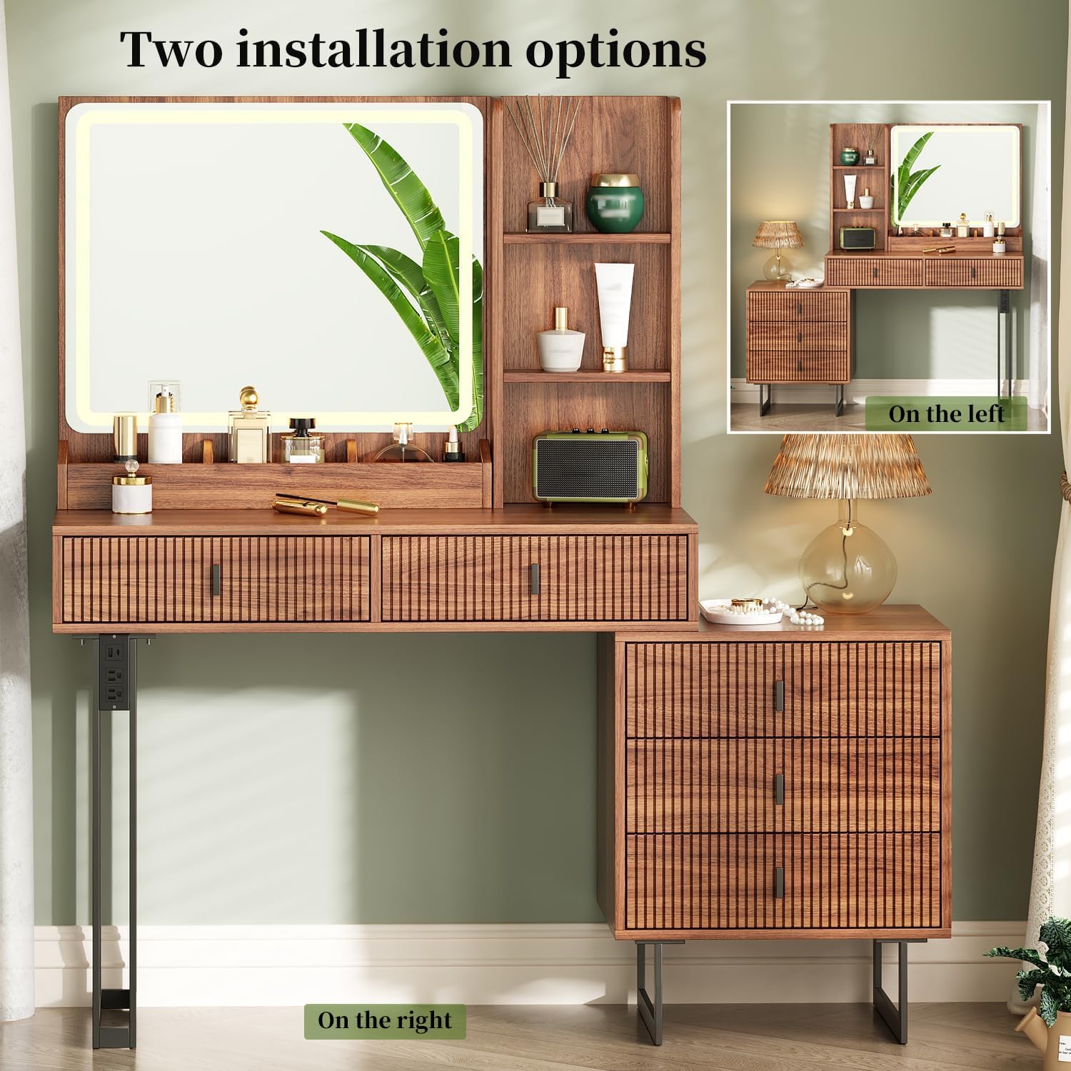 Large Vanity Desk with 3 Color Touch Screen Dimming Mirror, Vanity Desk with Charging Station, Modern Retractable Makeup Dressing Table, Makeup Table With storage shelves and 5 Sliding Drawers, Brown