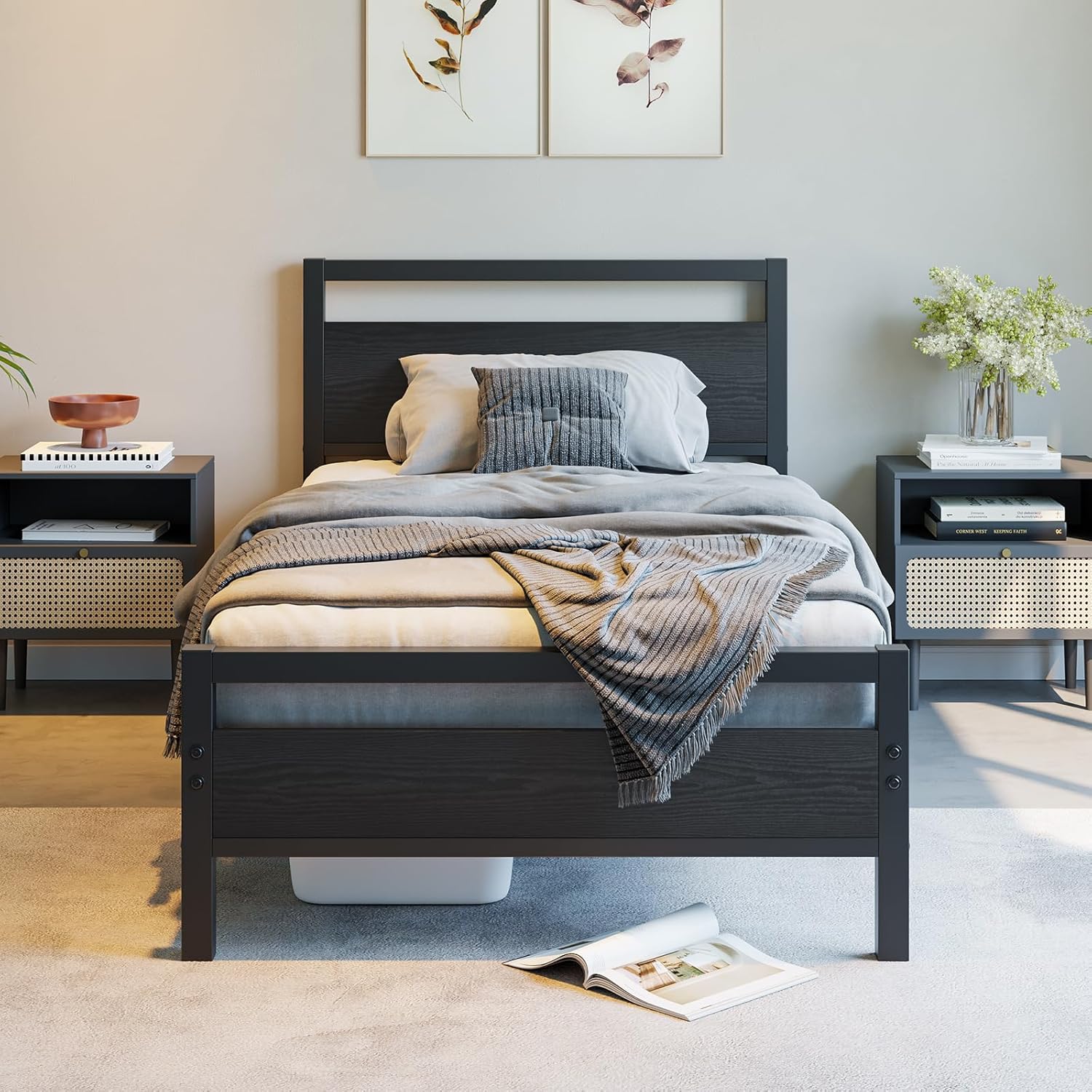 BOFENG Black Twin Bed Frame with Wood Headboard,Metal Single Platform Bed Frame Twin Size No Box Spring Needed,Heavy Duty Metal Slats Support,Noise Free,Single Bed Base,Easy Assembly