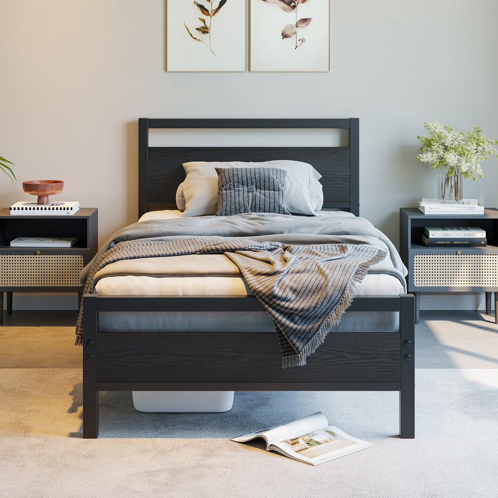 BOFENG Black Twin Bed Frame with Wood Headboard,Metal Single Platform Bed Frame Twin Size No Box Spring Needed,Heavy Duty Metal Slats Support,Noise Free,Single Bed Base,Easy Assembly