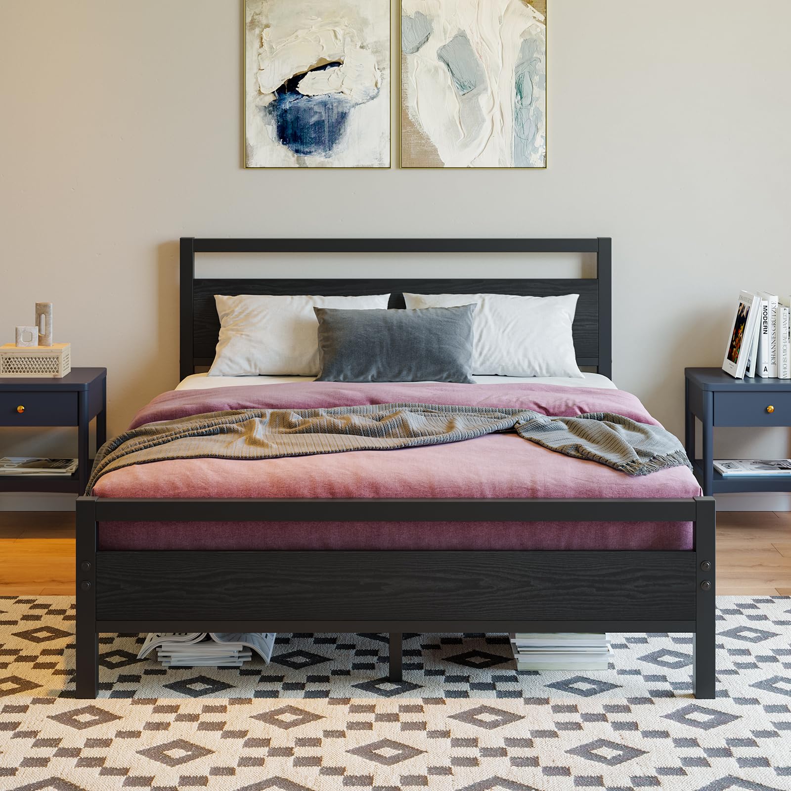 BOFENG Black Twin Bed Frame with Wood Headboard,Metal Single Platform Bed Frame Twin Size No Box Spring Needed,Heavy Duty Metal Slats Support,Noise Free,Single Bed Base,Easy Assembly