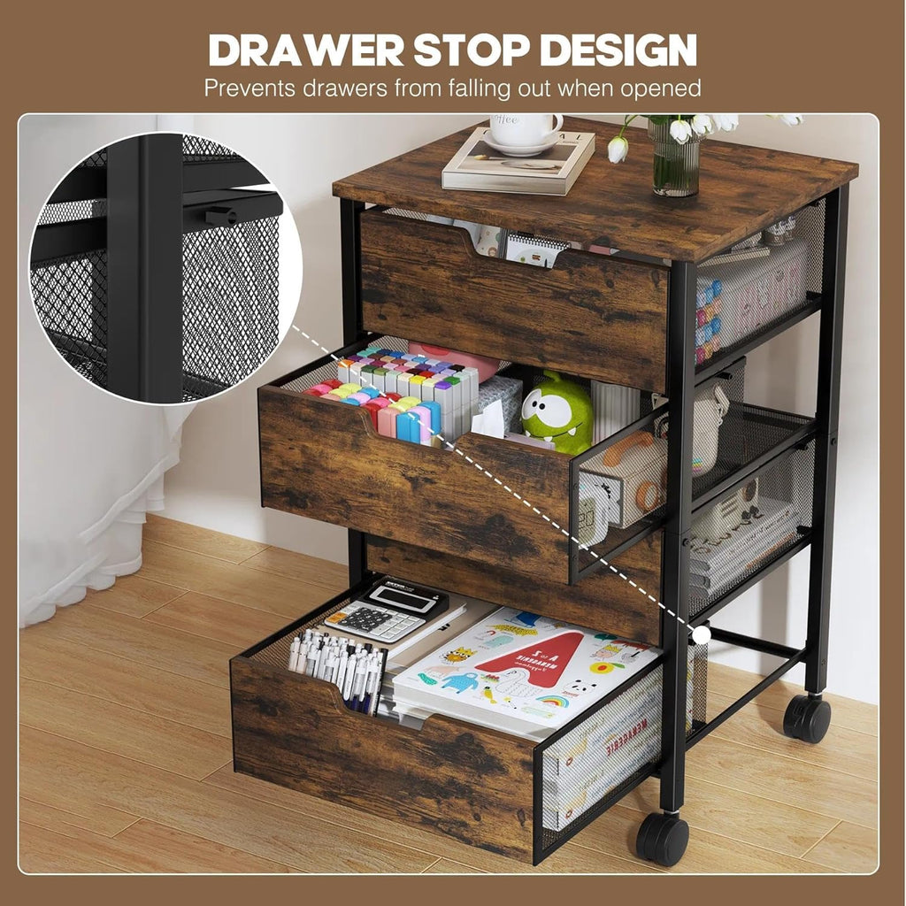 Rolling Cart with Drawers, Wooden Top and Front, with Wheels Metal Under Desk Storage Cart with 4 Drawers, for Office, Bedroom, Classroom, Home, Rustic Brown