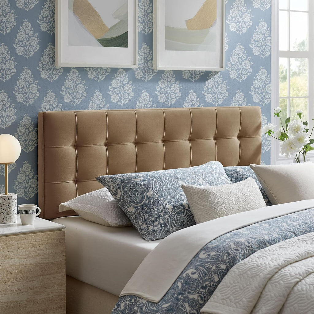 Modway Lily Performance Velvet Queen Size Headboard with Biscuit Tufting in Taupe - Stain-Resistant Upholstery with Padded Design and 5 Height-Adjustable Mounts