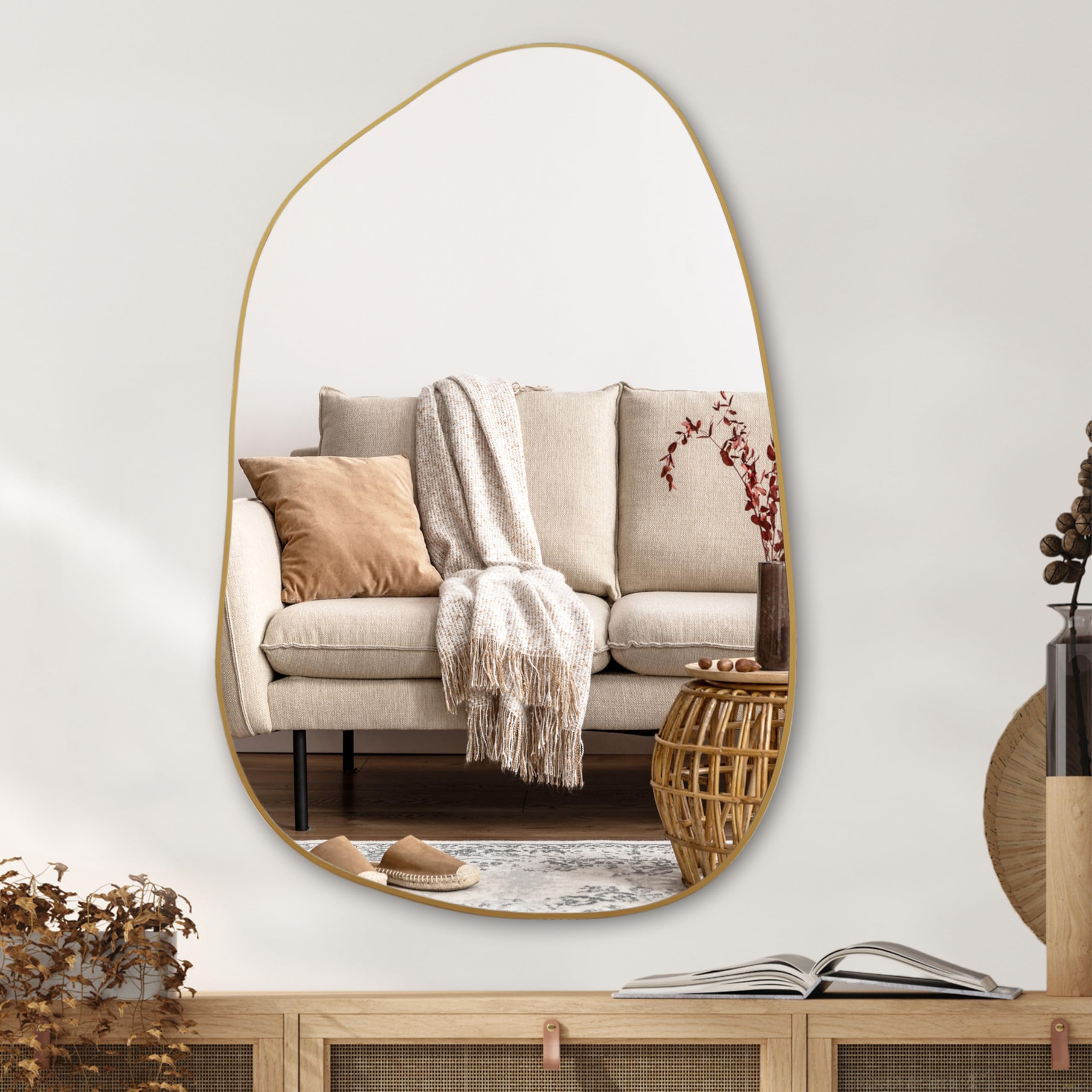 PERFNIQUE Irregular Wall Mirror Asymmetrical Mirror, 27''x19'' Gold Mirror for Bathroom Bedroom Living Room Entryway, Decorative Modern Wall Decor, Wall Mounted Mirror (Gold, 27''x19'')