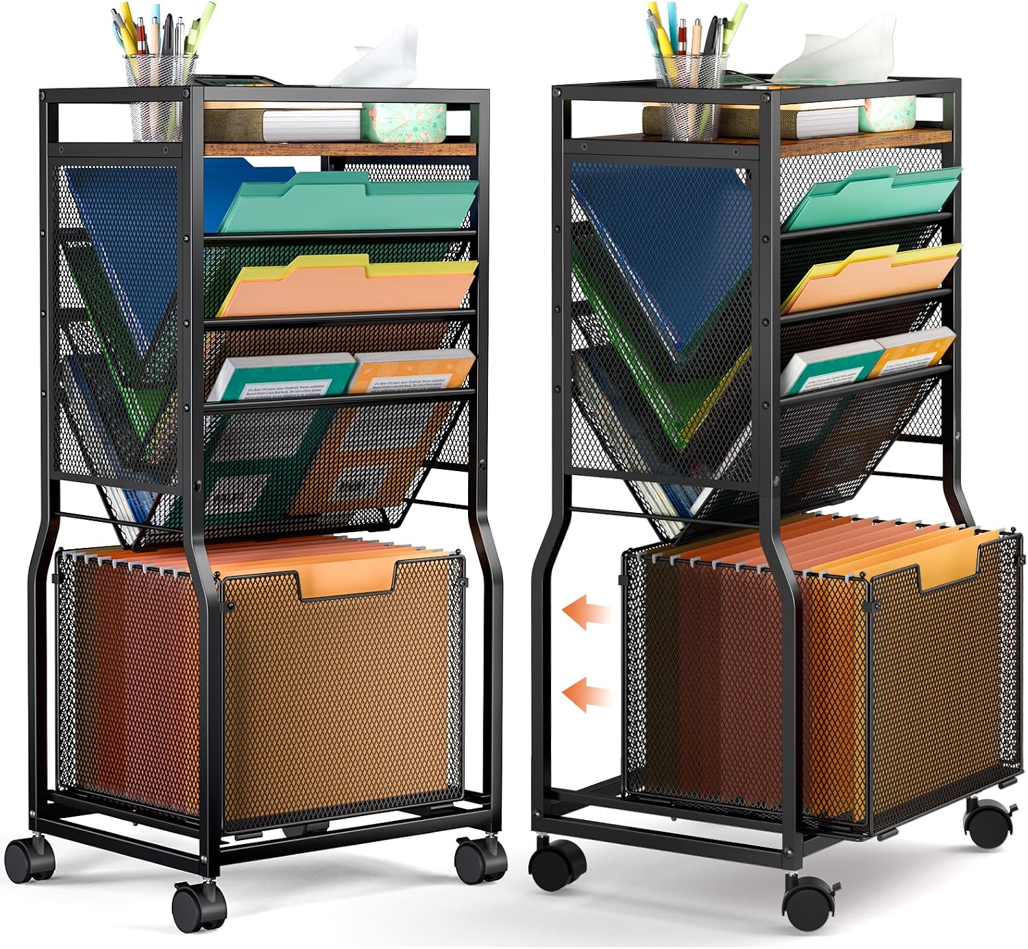 DAOUTIME 8 Tier Rolling File Cart with Hanging File Folder Organizer, Mobile File Organizer with 2 Sides Access Bookcase, Beside/Under Desk Cart with Wheels for Office Home School