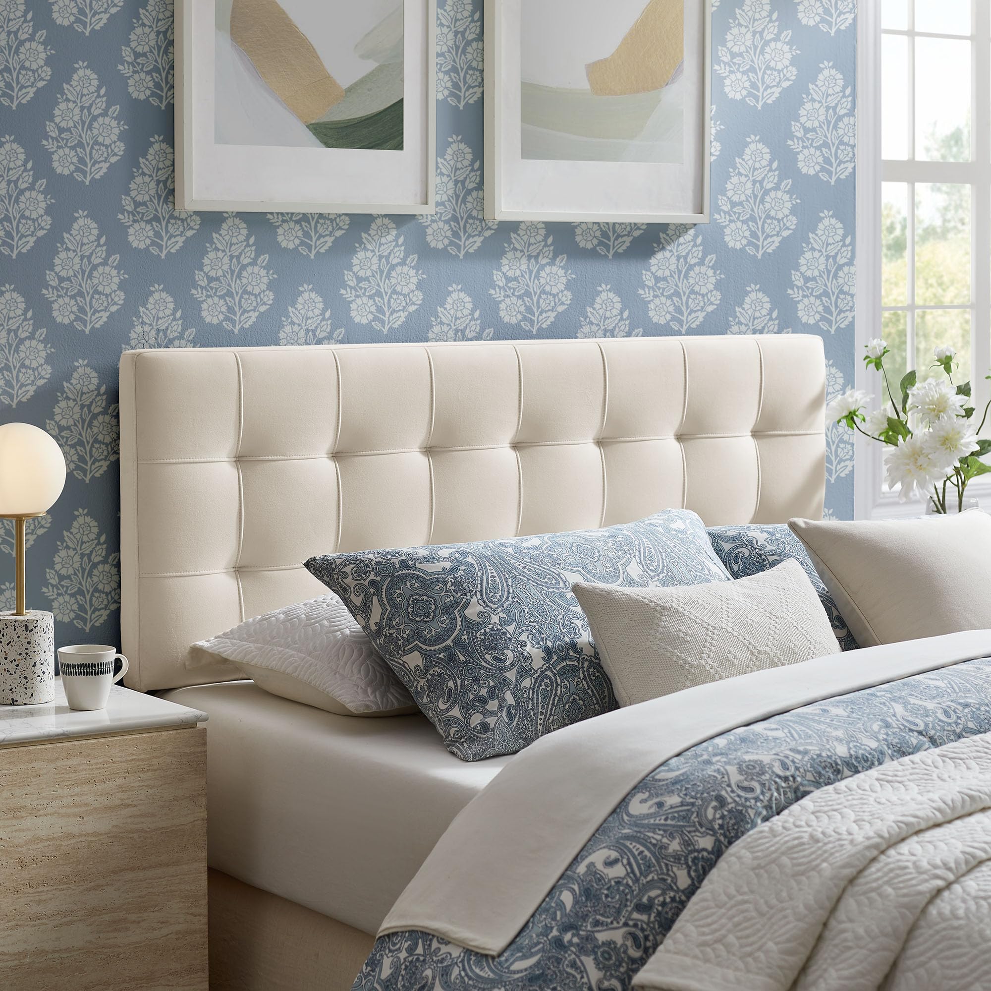 Modway Lily Performance Velvet Queen Size Headboard with Biscuit Tufting in Taupe - Stain-Resistant Upholstery with Padded Design and 5 Height-Adjustable Mounts